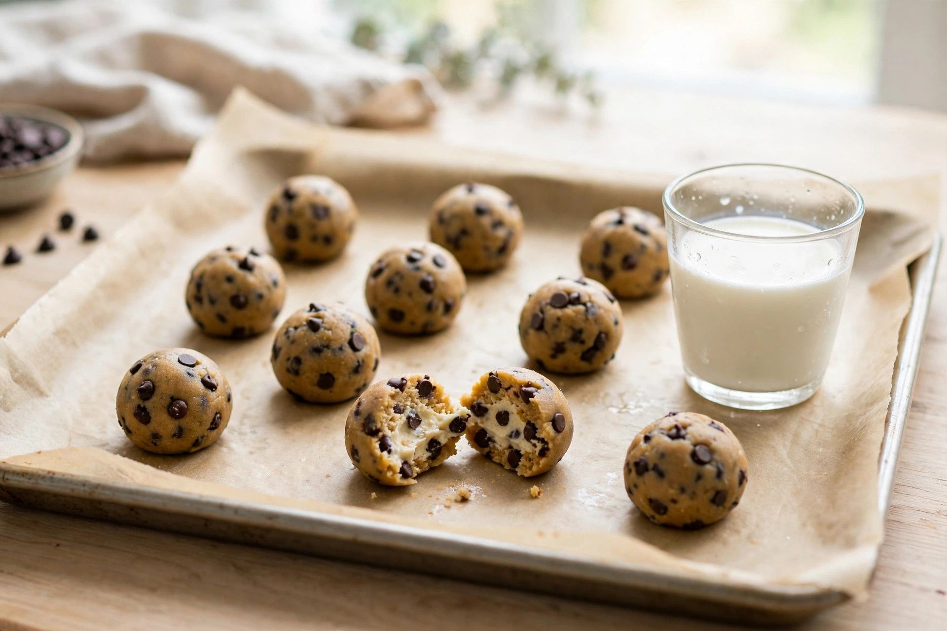 The finished cottage cheese cookie dough balls with mini chocolate chips, chilled and ready to eat