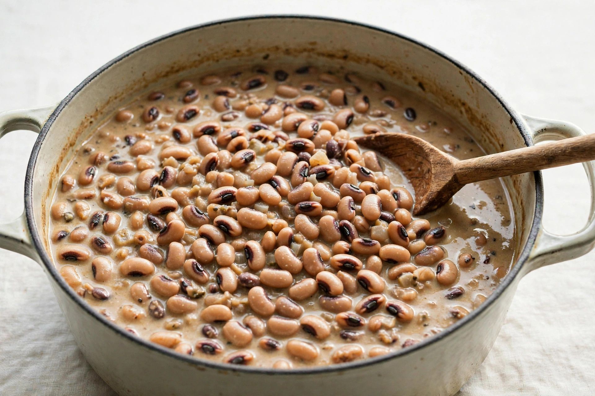 Creamy cooked black eyed peas in a pot with rich thick pot liquor and a wooden spoon