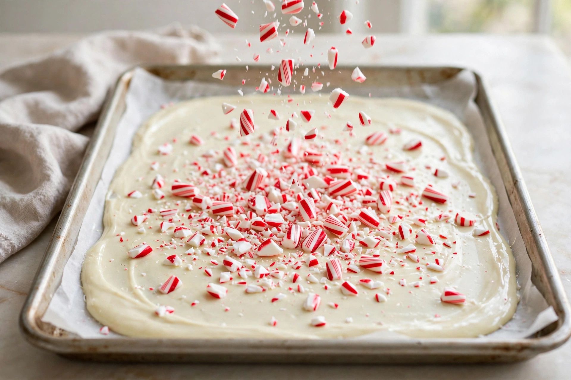 Crushed red and white candy cane pieces scattered over the white chocolate top of freshly set peppermint bark