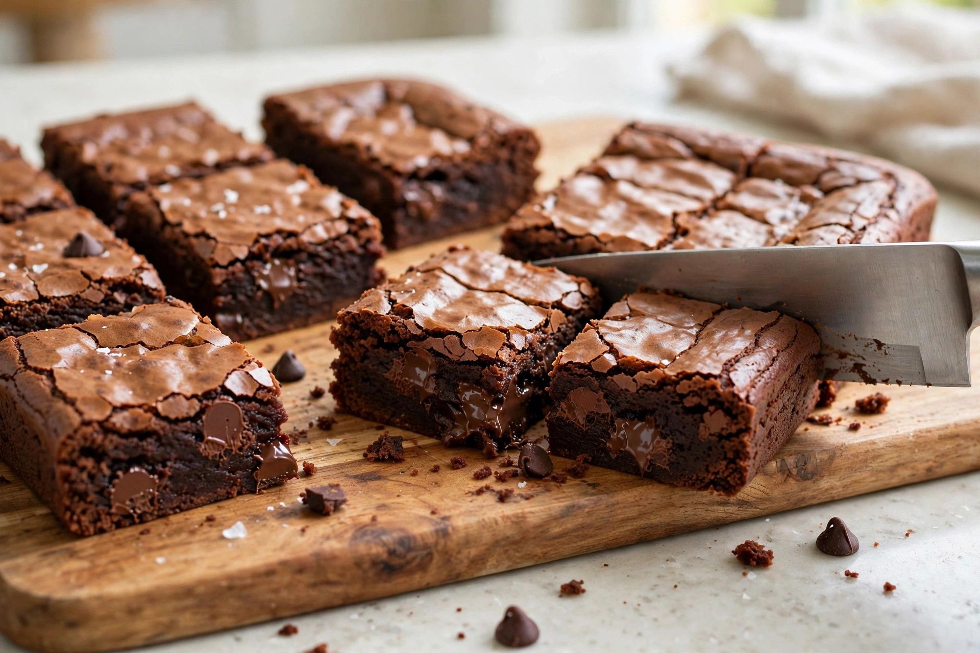 Cutting the cooled brownies into 12 clean squares on a cutting board, showing the fudgy centers