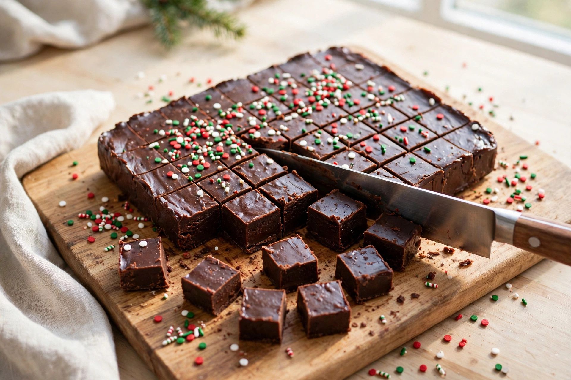 Cutting chilled christmas fudge into neat small squares on a cutting board