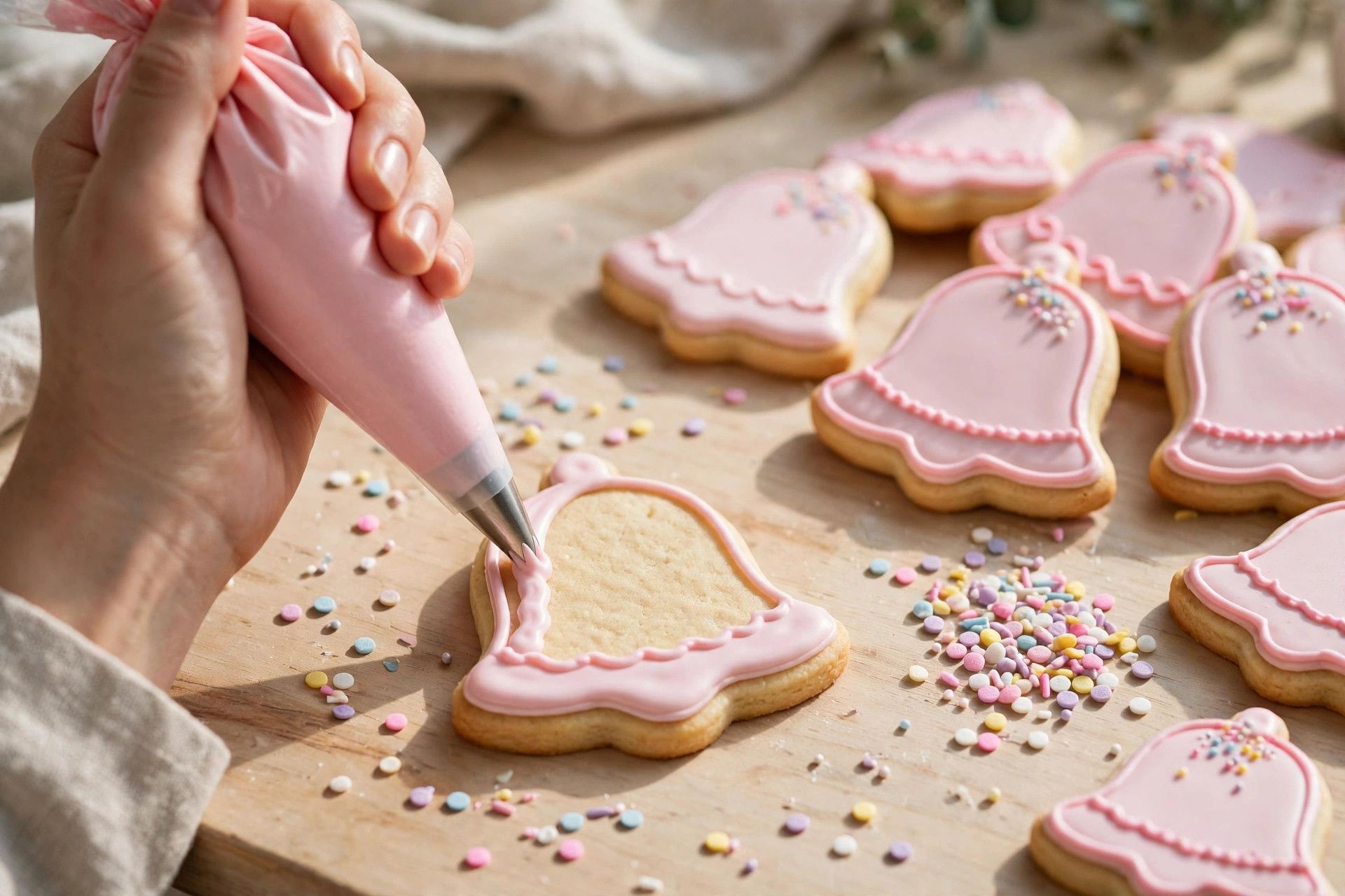 Decorating cooled christmas sugar cookies with pastel royal icing and holiday sprinkles