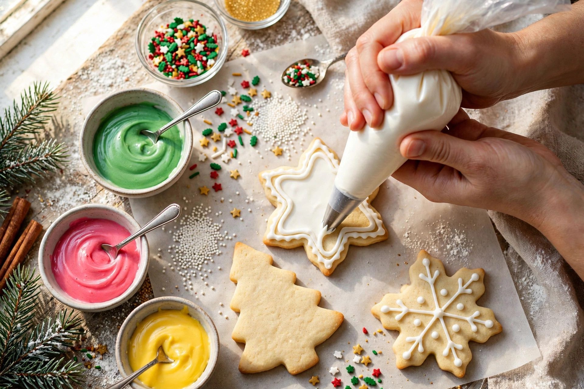 Hands piping white royal icing onto baked Christmas sugar cookies, with colored icing bowls nearby