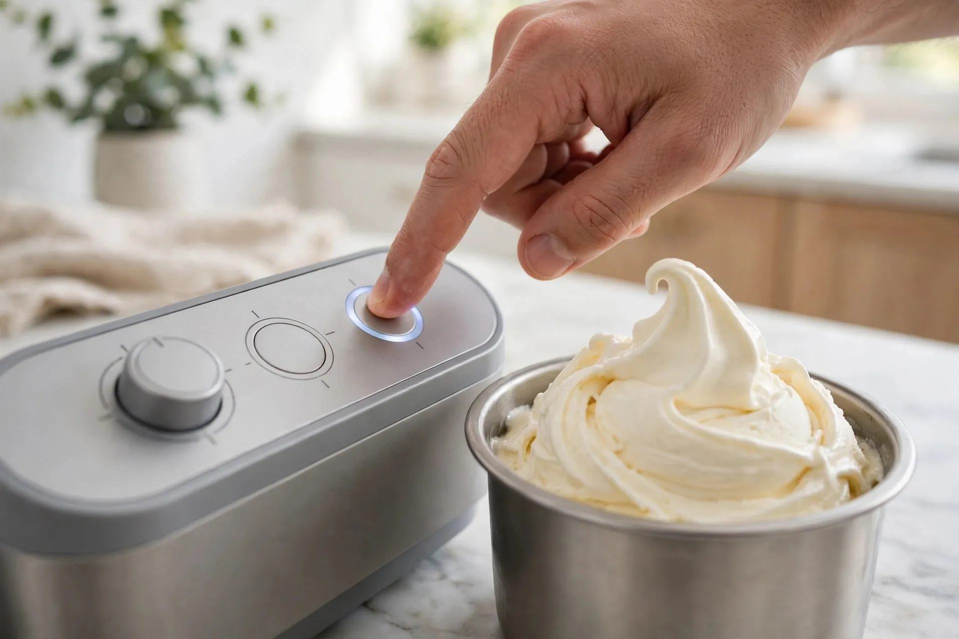 A hand pressing a button on an ice cream maker control panel, with a freshly spun pint beside it