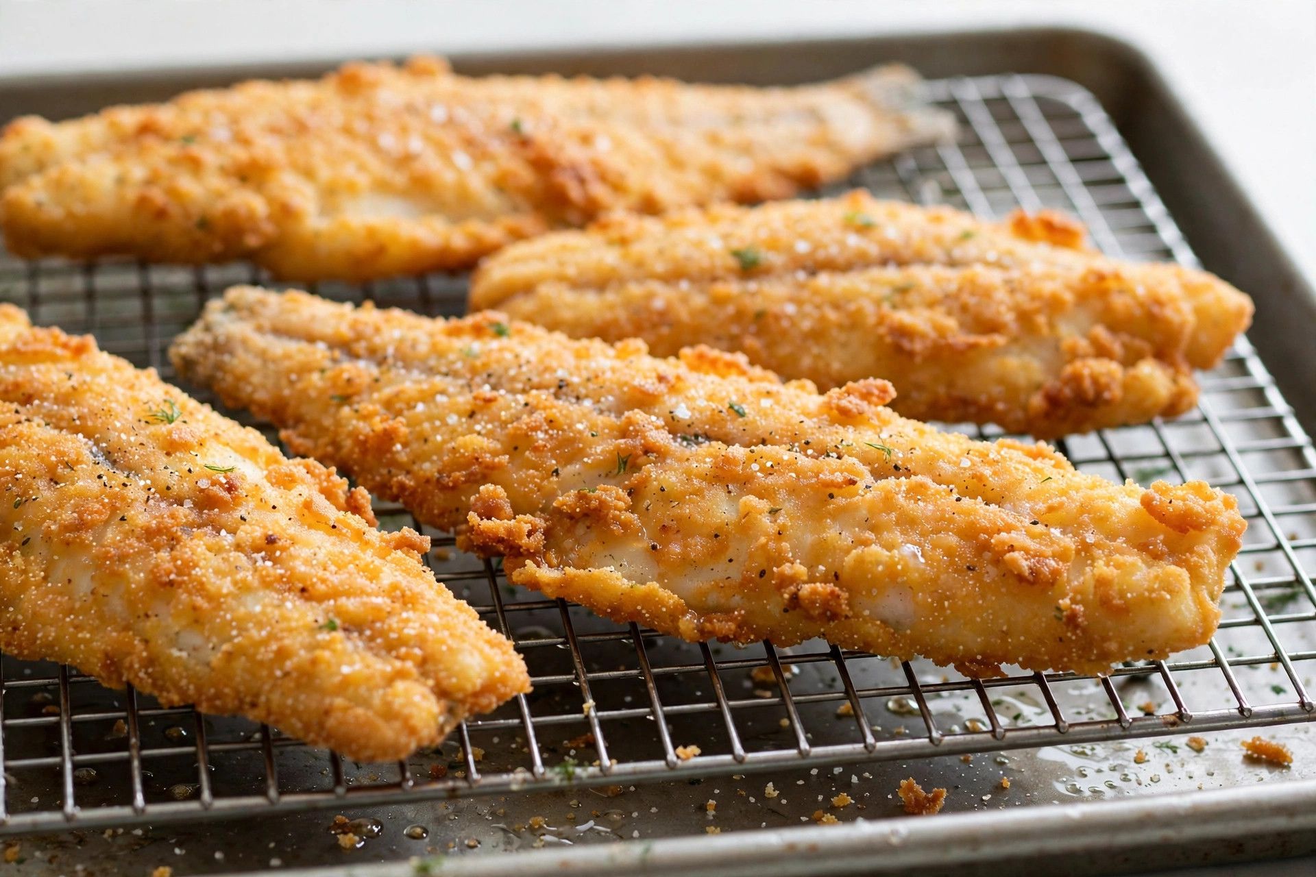 Freshly fried golden crispy catfish fillets draining on a wire rack over a baking sheet