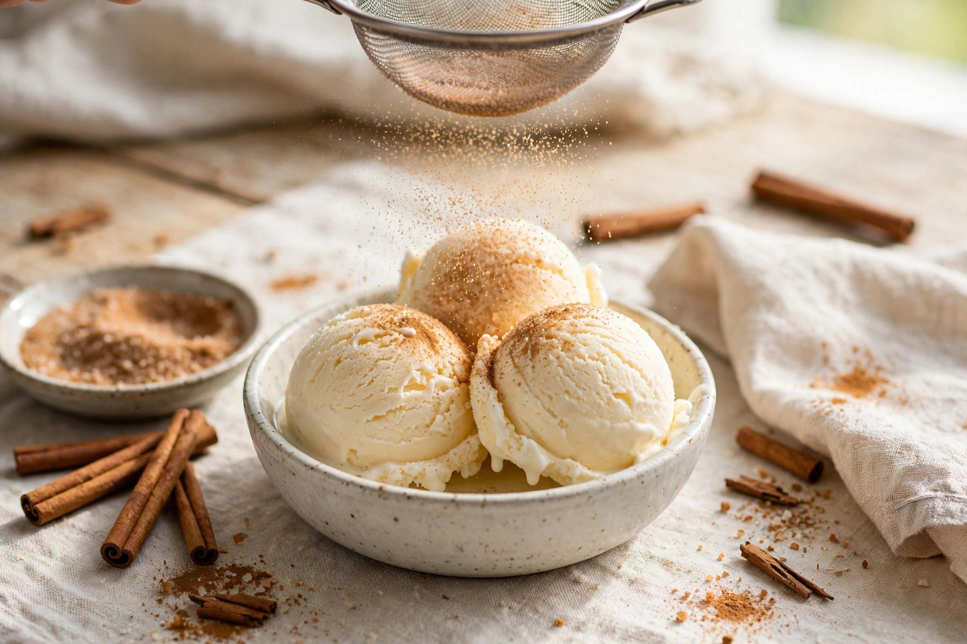 Dusting churro ice cream scoops with cinnamon sugar just before serving