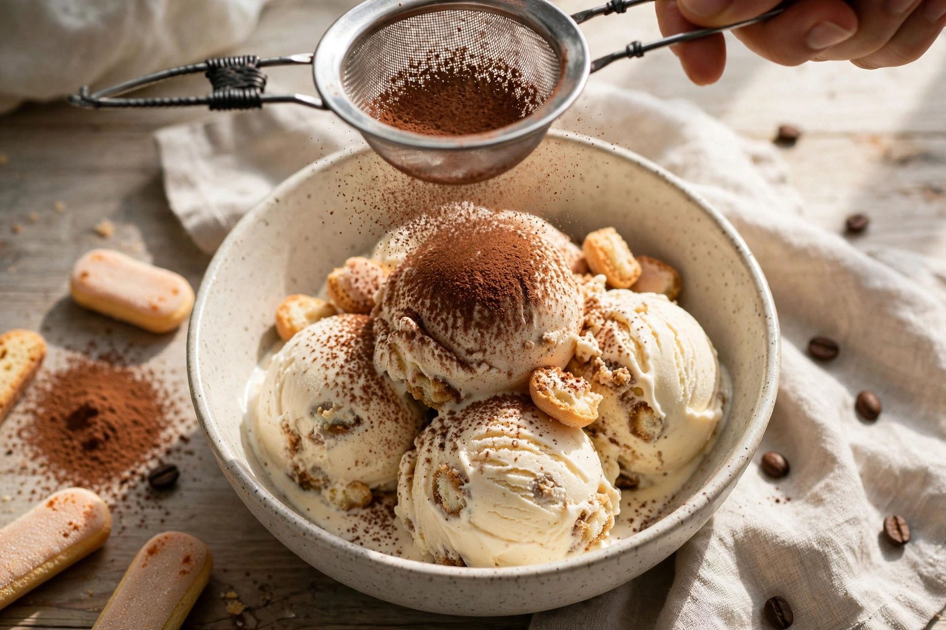 Dusting tiramisu ice cream with cocoa powder shaken through a tea strainer