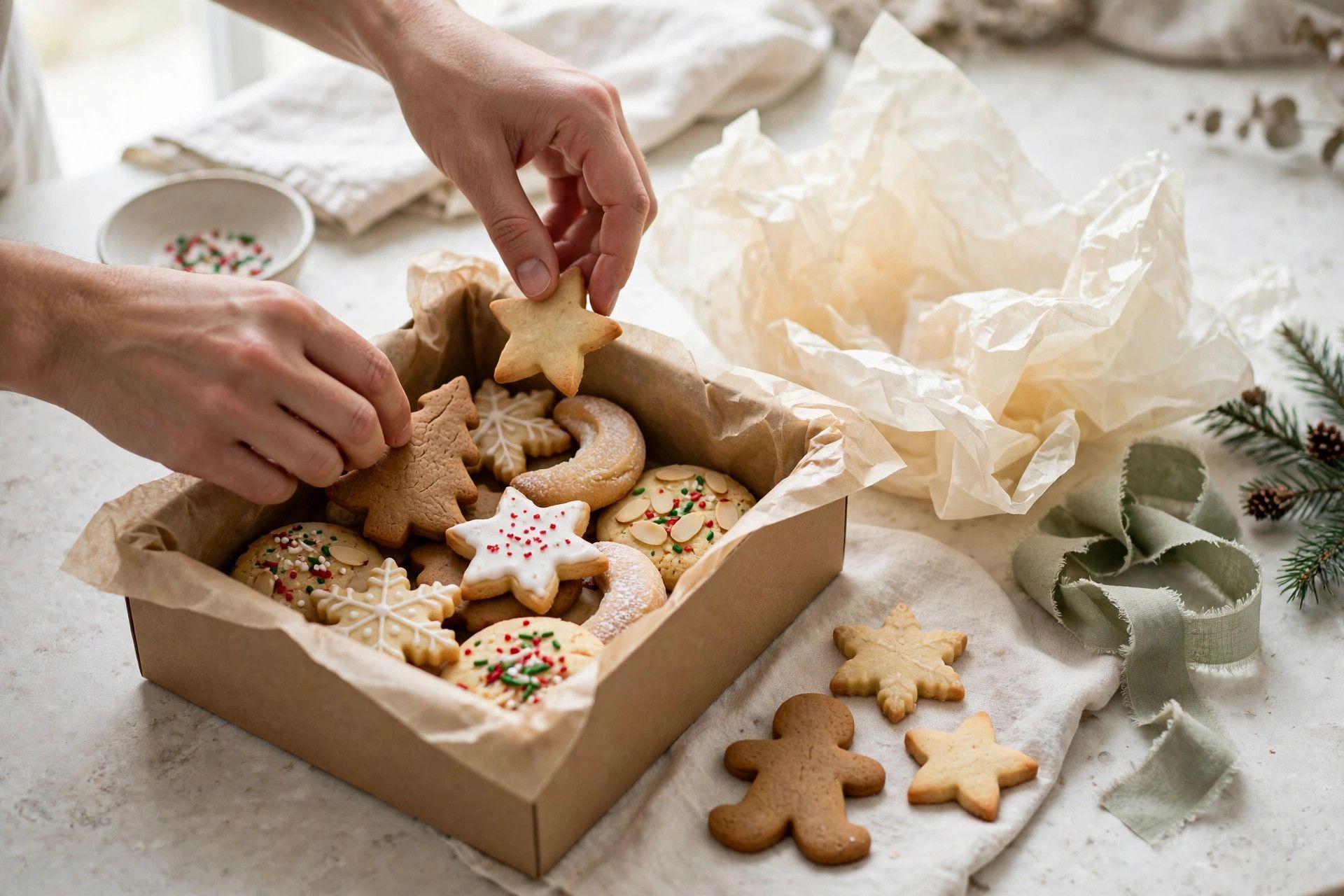 Arranging an assortment of Christmas cookies into a parchment lined gift box with tissue paper and ribbon