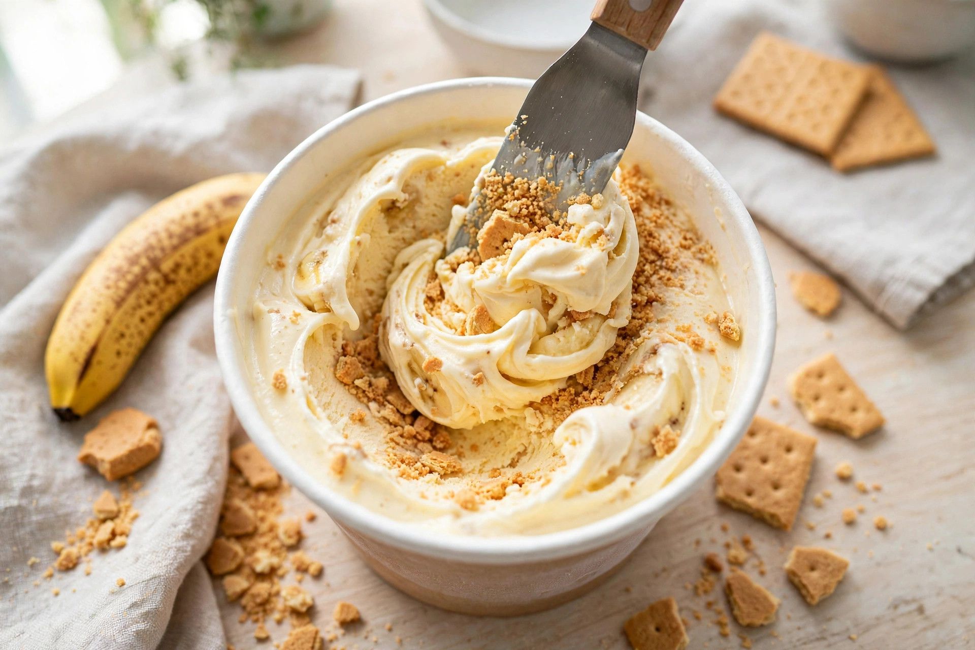 Folding crushed graham crackers into freshly spun banana ice cream in a pint container