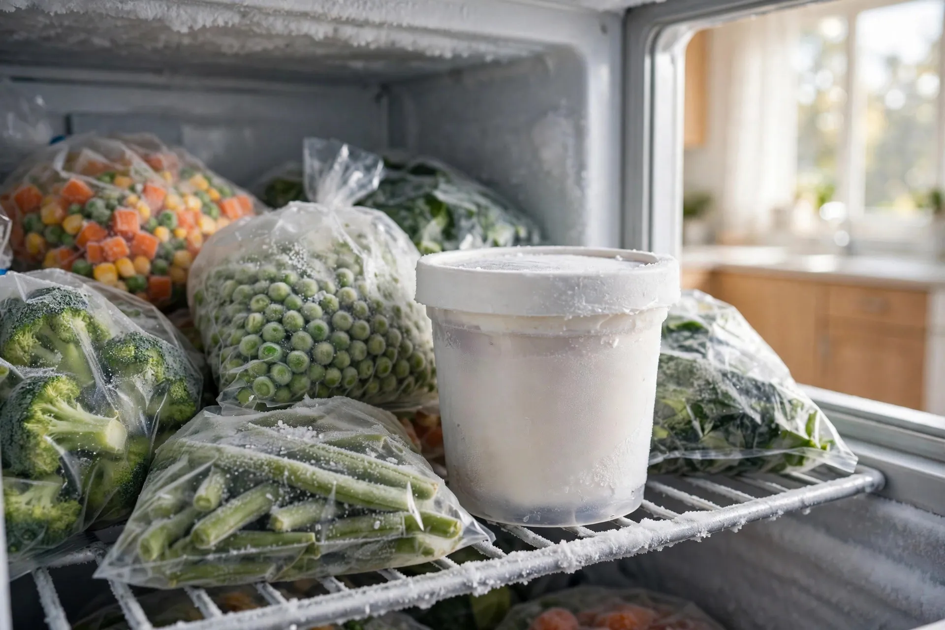 The filled pint with its lid on, freezing flat on a level shelf inside the freezer for 24 hours
