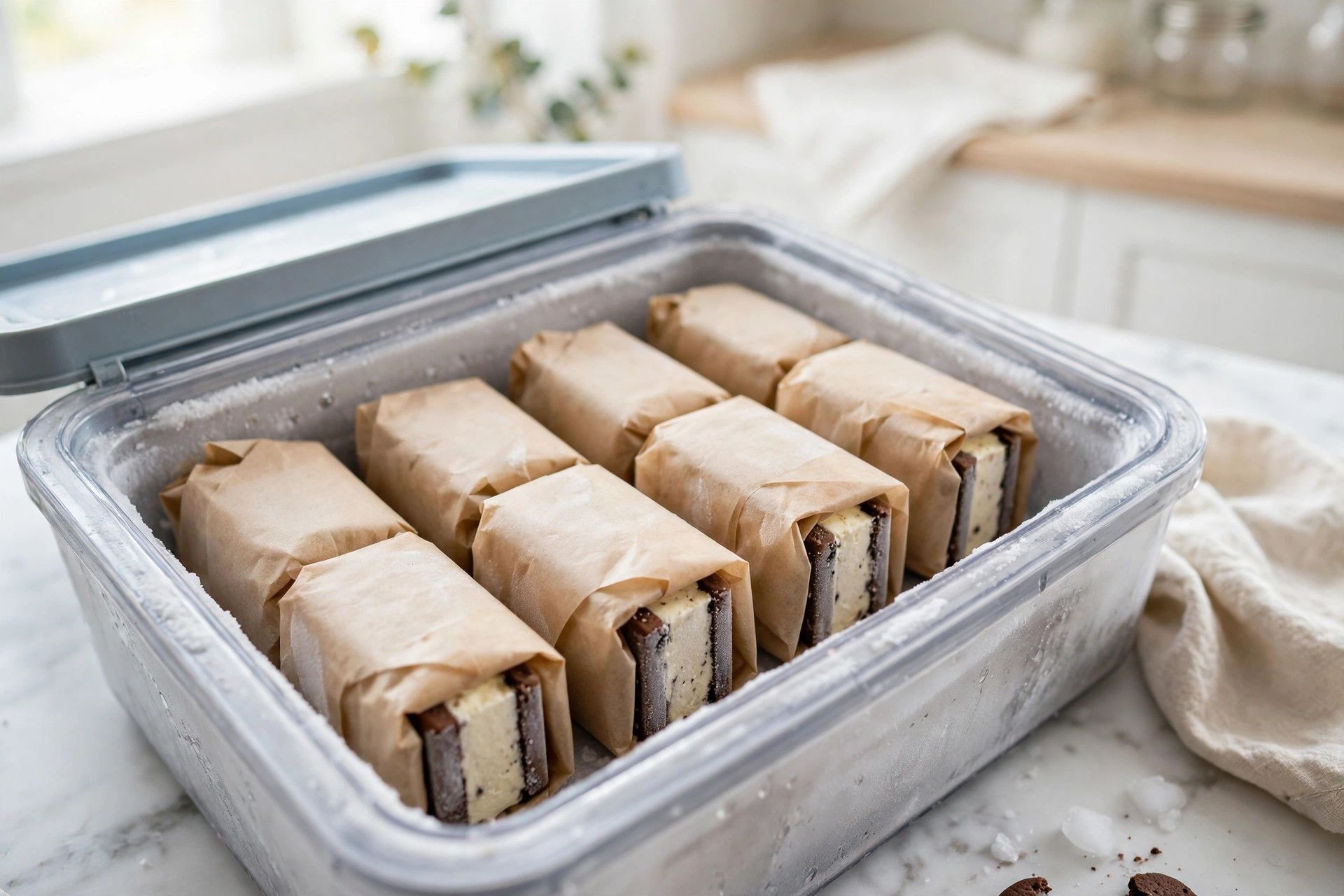 Wrapping protein ice cream sandwiches and freezing them on a baking sheet until firm