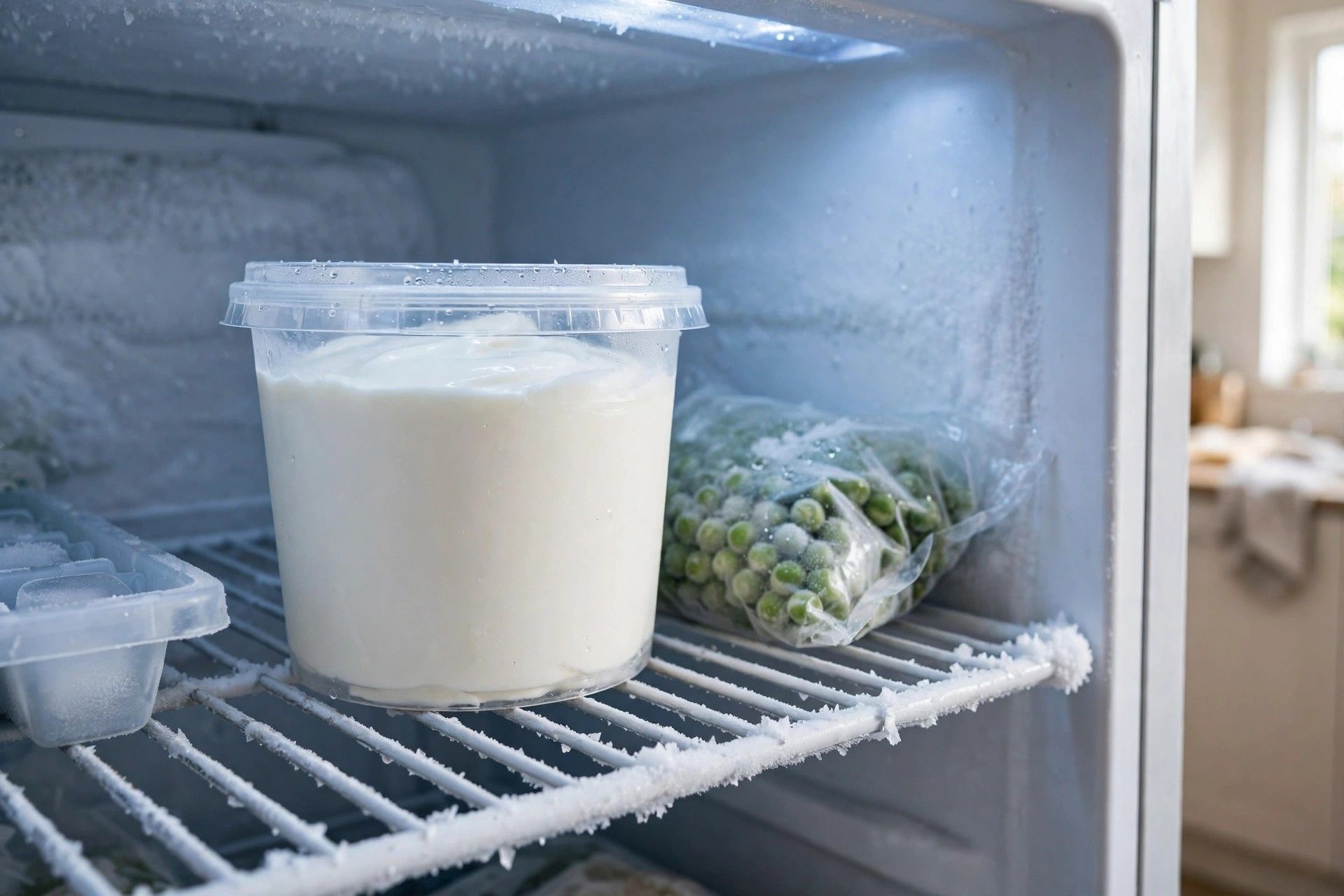The filled pint with its lid on, freezing on a level shelf inside the freezer