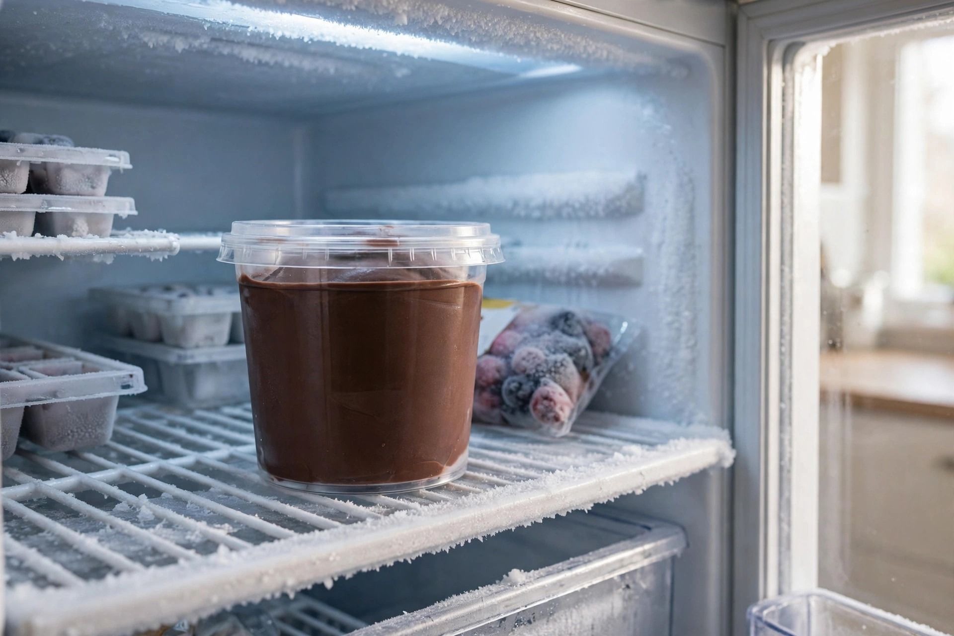 The filled chocolate pint with its lid on, sitting on a level shelf inside the freezer for 24 hours