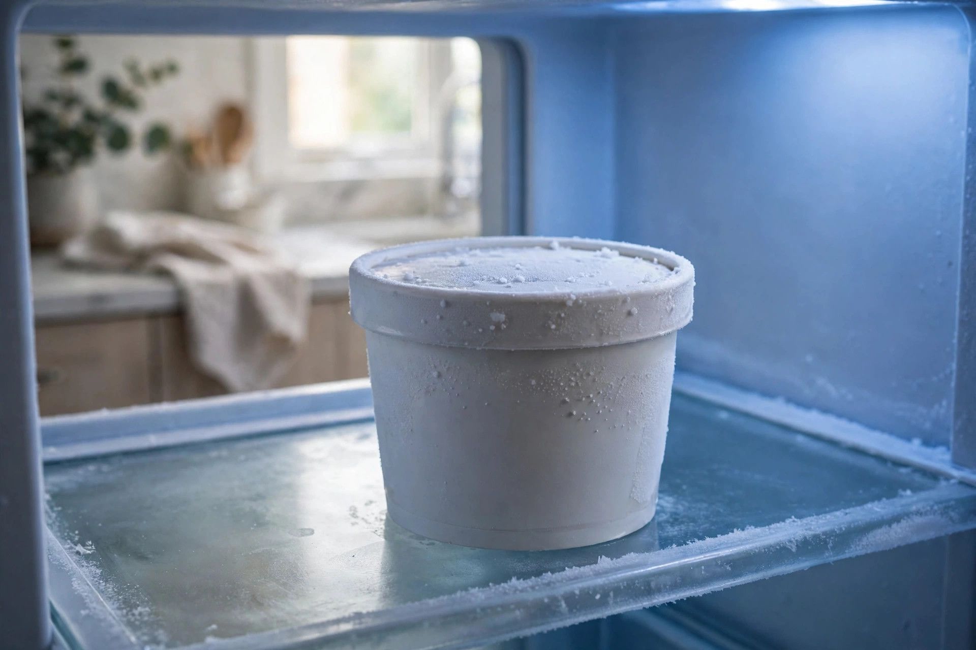 The filled vanilla pint with its lid on, freezing on a level shelf inside the freezer for 24 hours