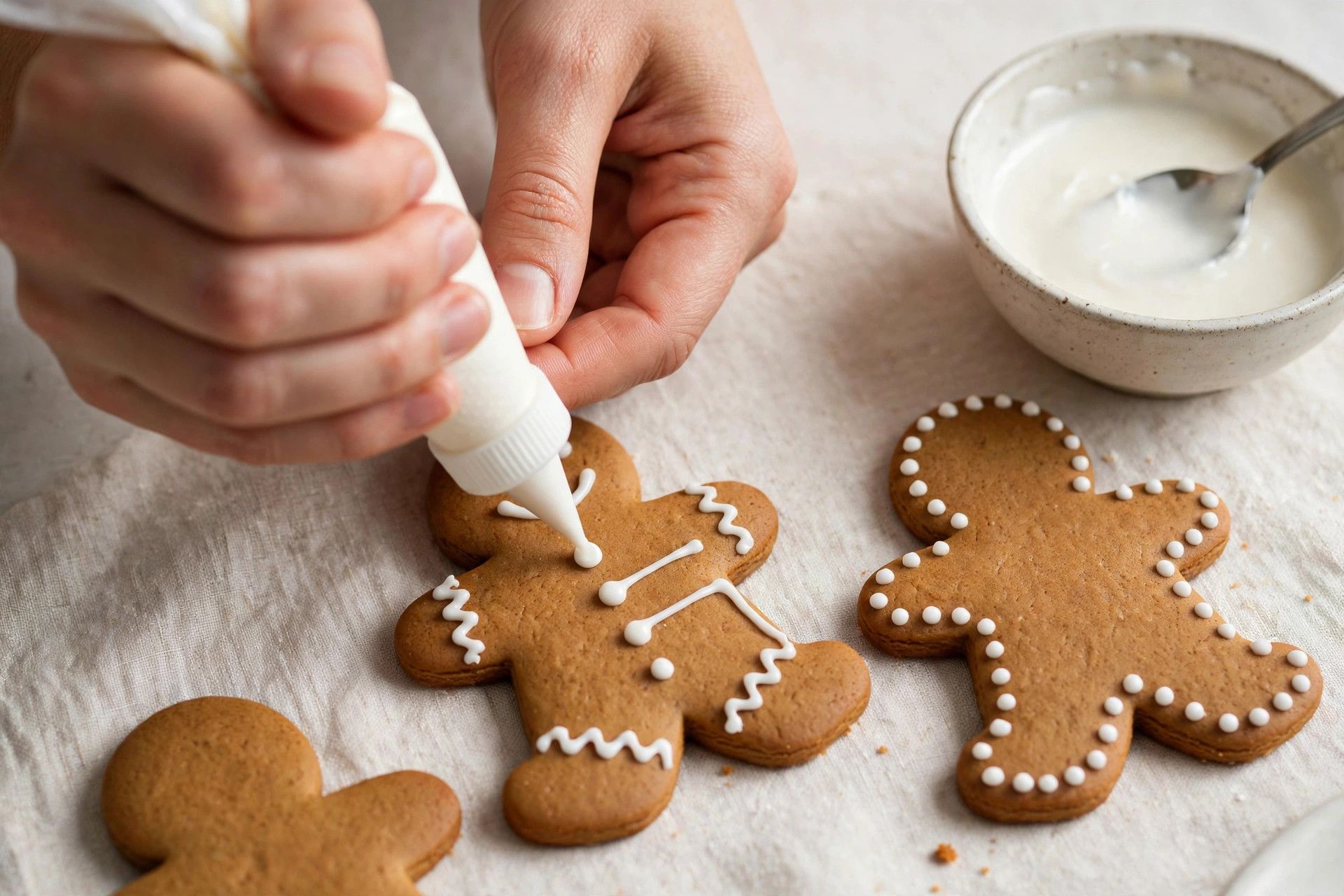 Hands piping simple white icing details onto cooled gingerbread man cookies