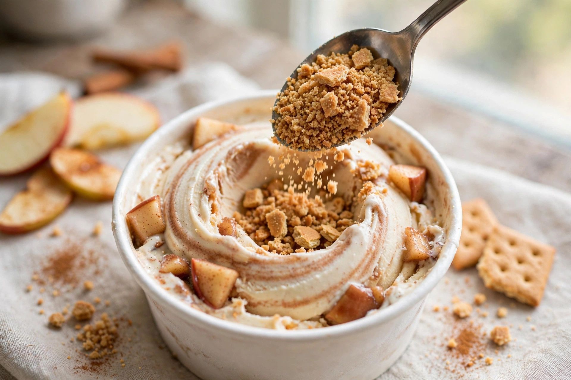 Spooning crushed graham crackers into the center of freshly spun apple pie protein ice cream