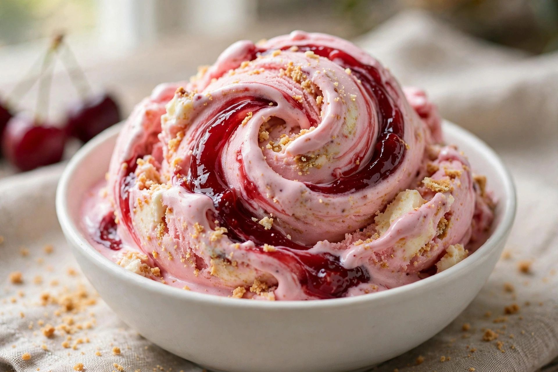 Pink cherry cheesecake protein ice cream in a bowl with crushed graham crackers swirled through