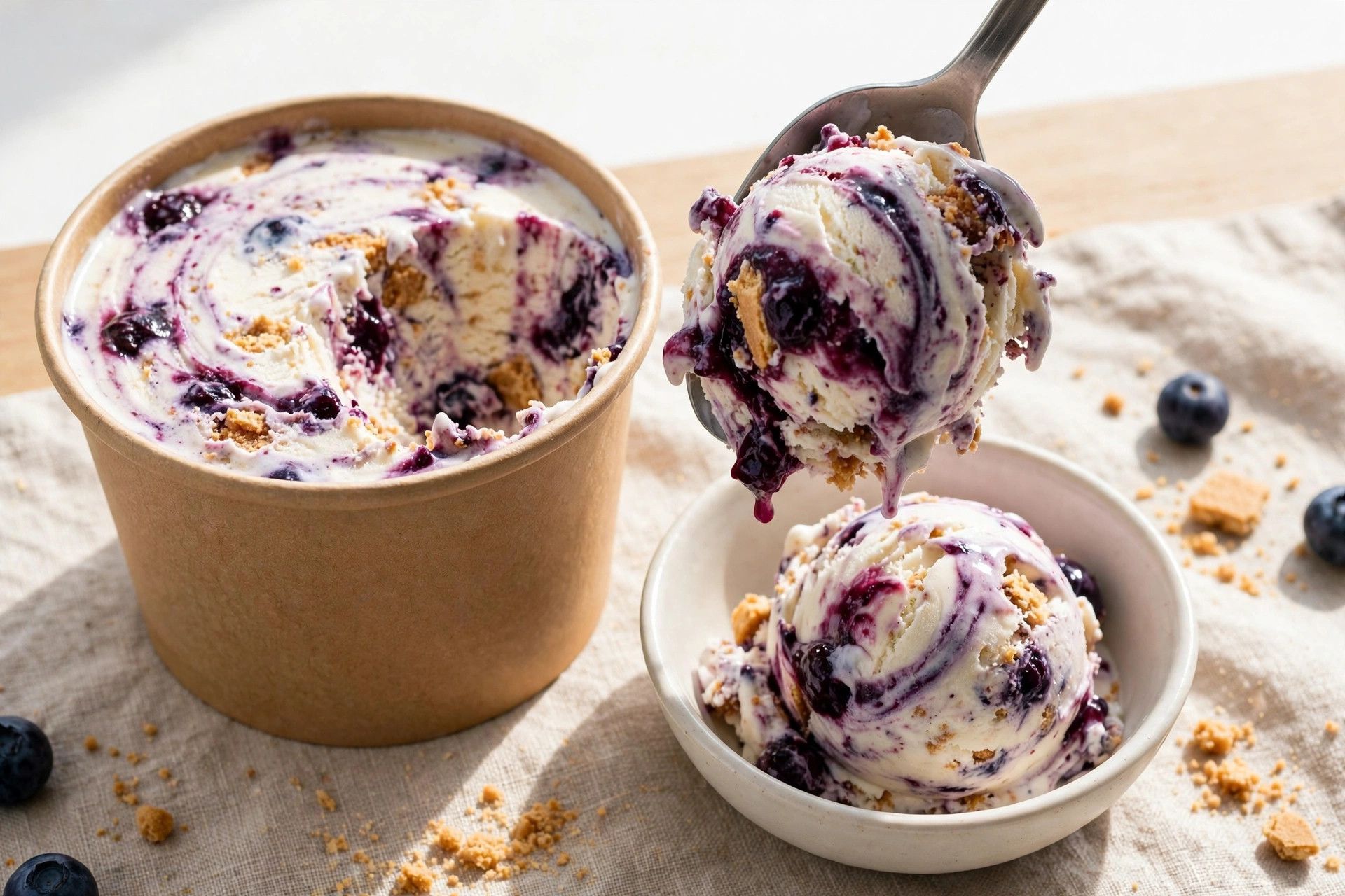 Crushed graham crackers added to the center of the spun blueberry cobbler pint before running the mix in setting