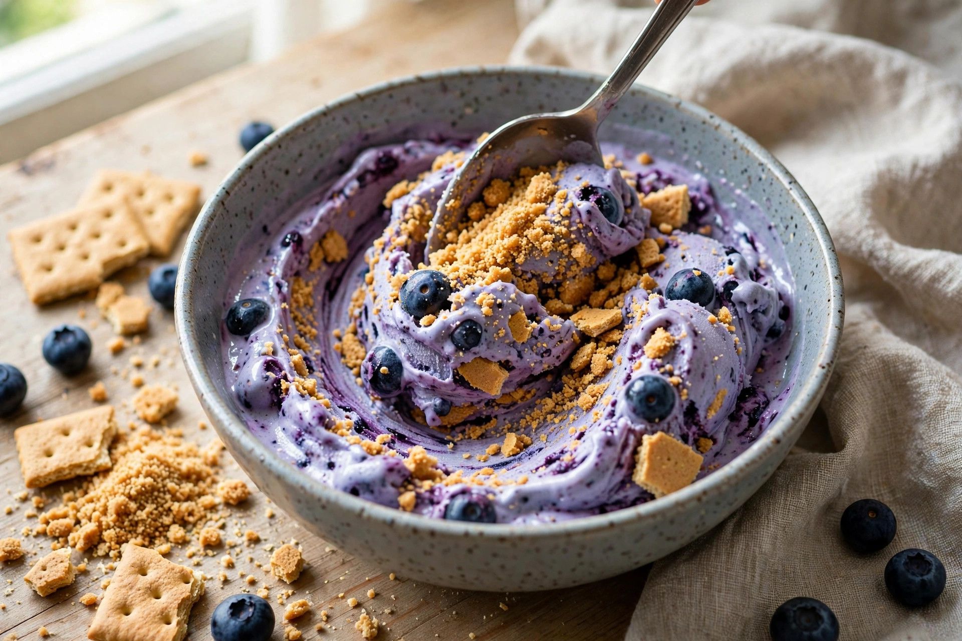 Mixing crushed graham cracker into freshly spun blueberry ice cream in a Ninja Creami pint