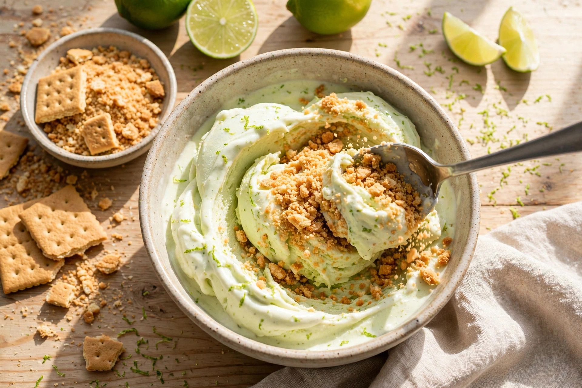 Mixing crushed graham cracker into freshly spun key lime ice cream in a Ninja Creami pint