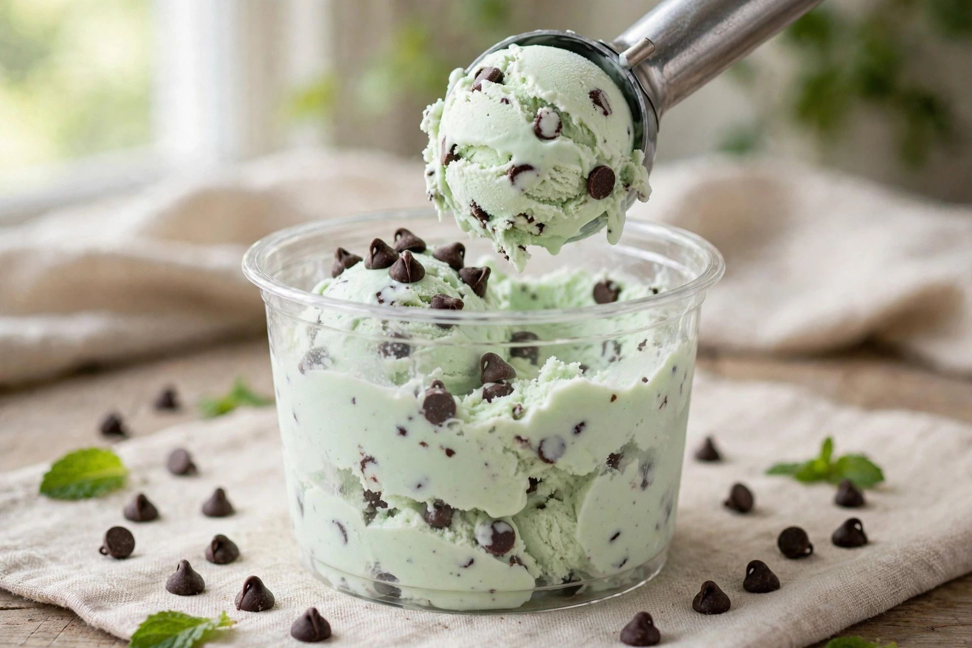 Mixing mini dark chocolate chips into freshly spun mint ice cream in a Ninja Creami pint