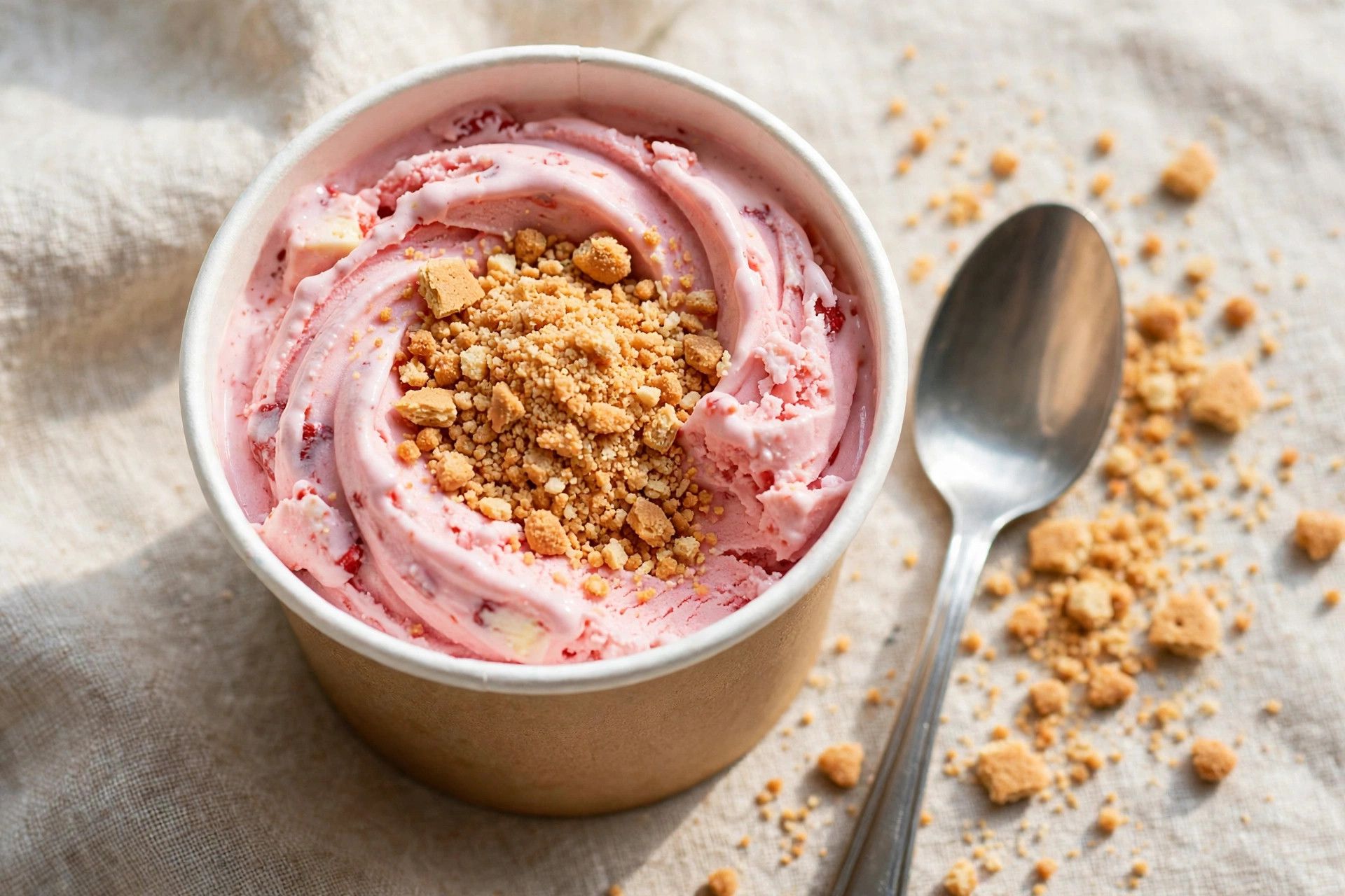 Adding crushed graham cracker into the center of the spun strawberry cheesecake pint before the Mix-in cycle