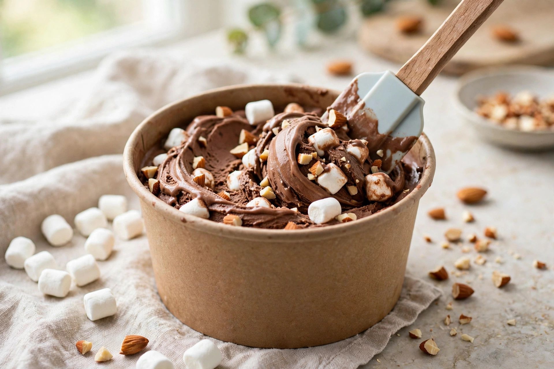 Folding mini marshmallows and chopped almonds into freshly spun chocolate ice cream in a pint container