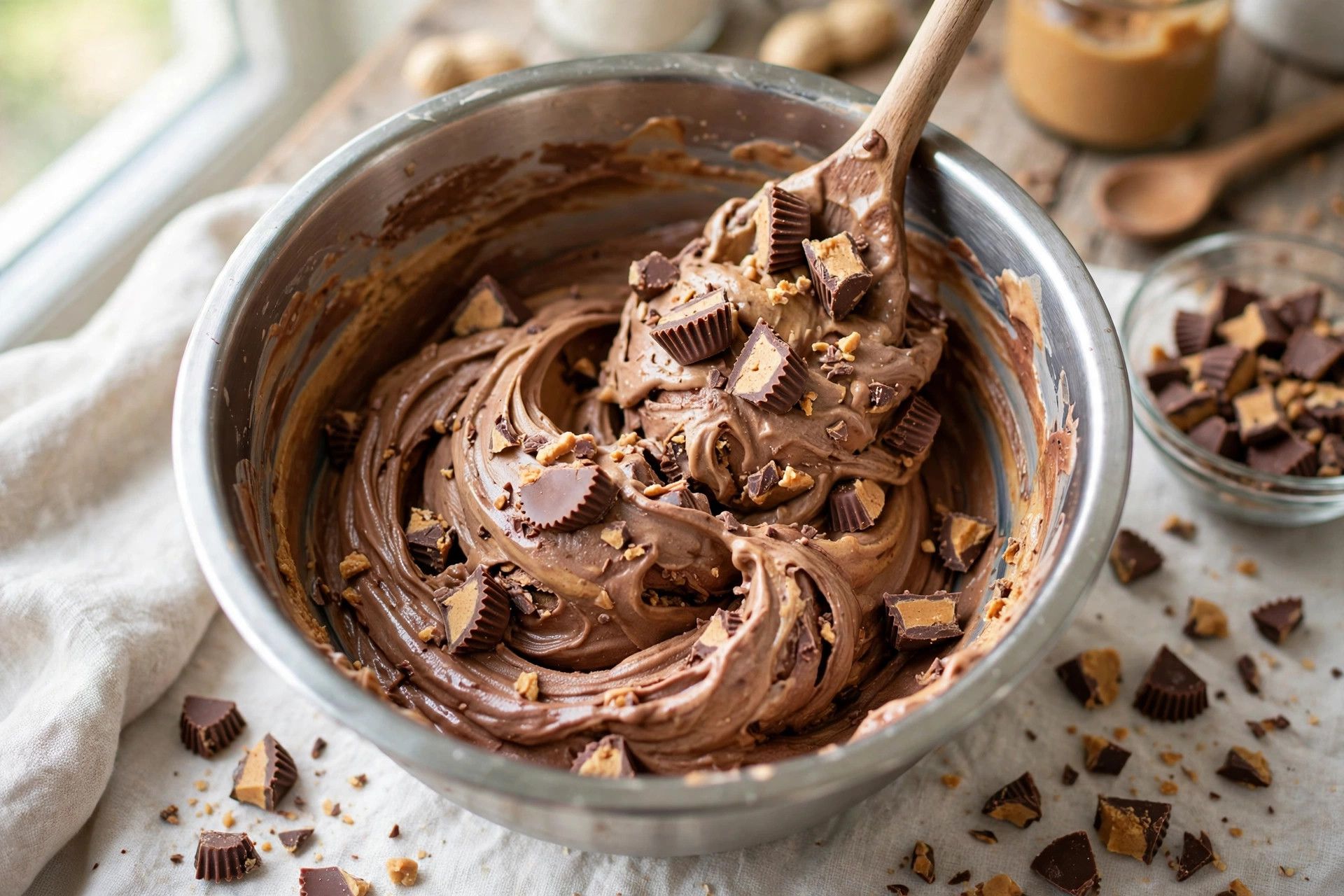 Mixing chopped mini peanut butter cups into freshly spun chocolate peanut butter ice cream in a Ninja Creami pint