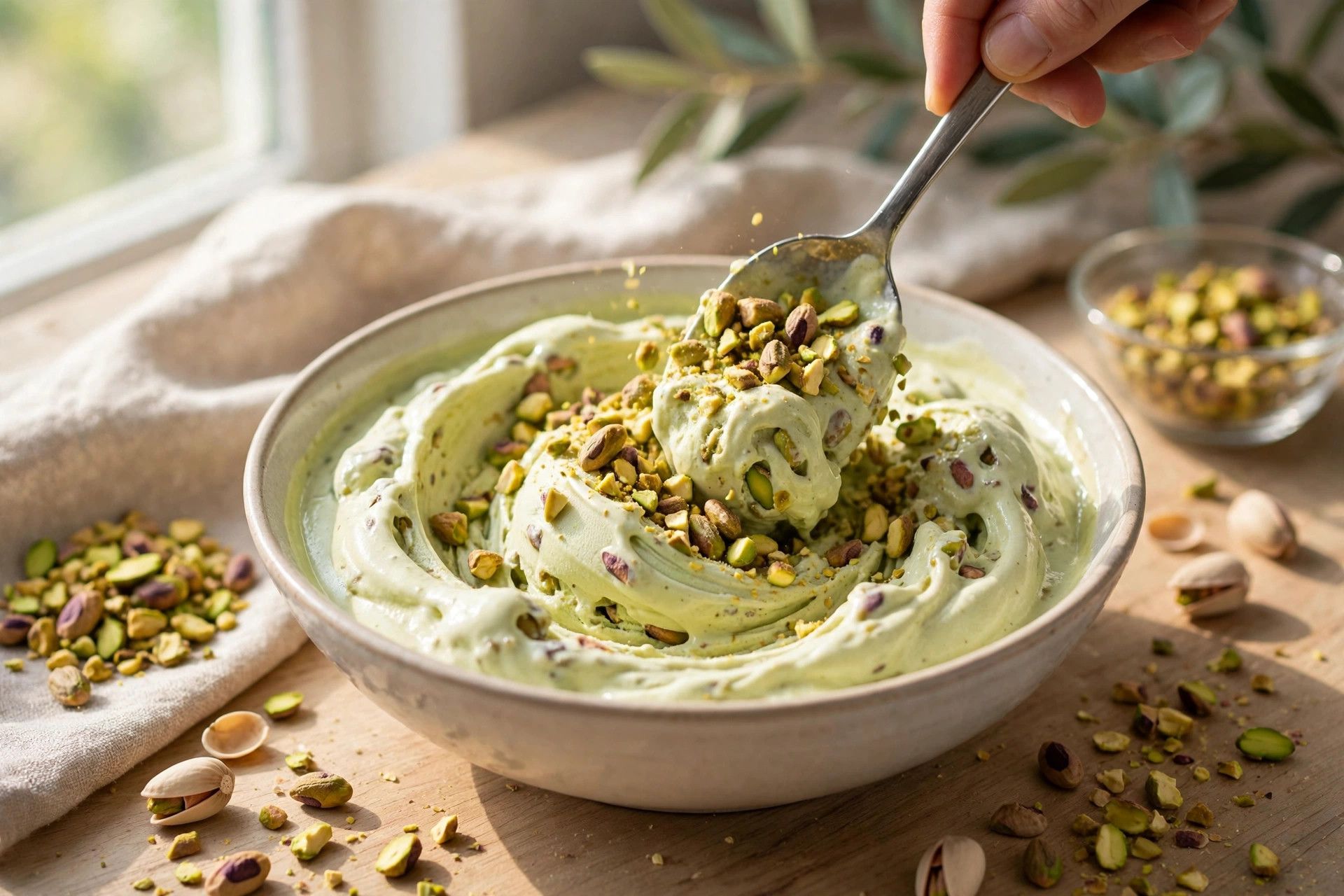 Mixing chopped roasted pistachios into freshly spun pistachio ice cream in a Ninja Creami pint