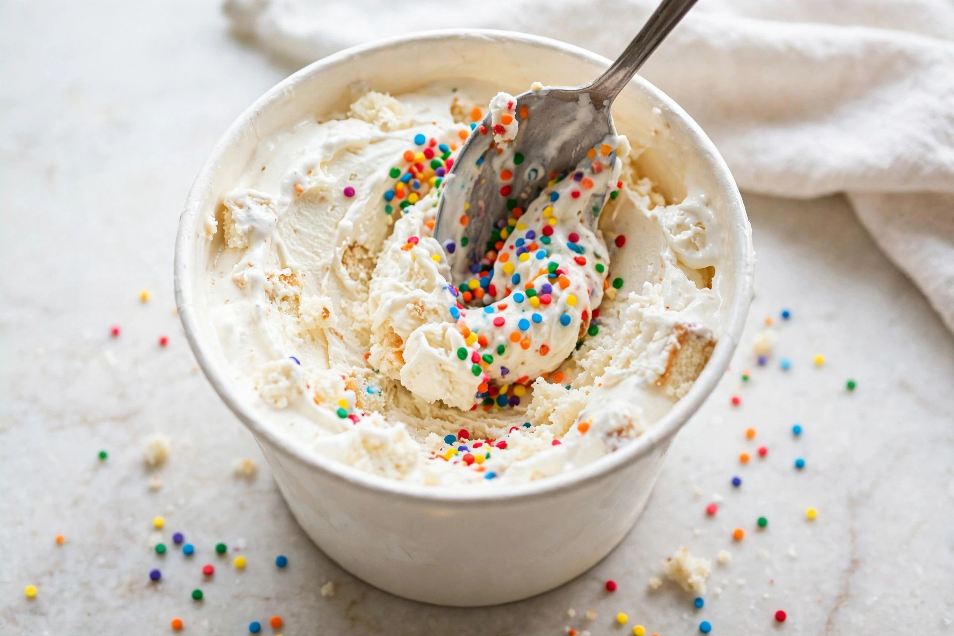 Mixing bright rainbow sprinkles into the spun birthday cake protein ice cream in the pint
