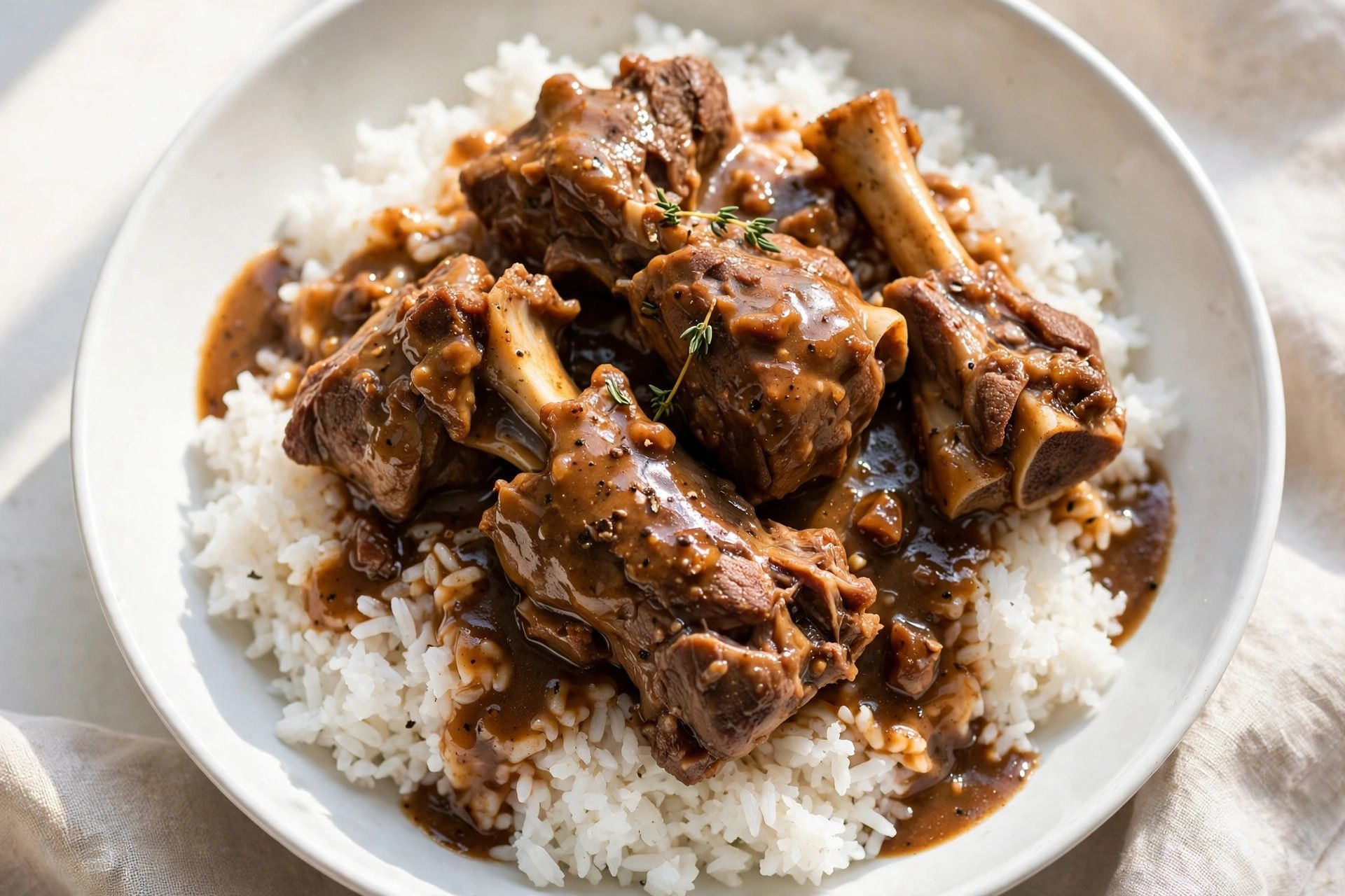 Fall off the bone neck bones served over fluffy white rice in a white bowl with rich gravy