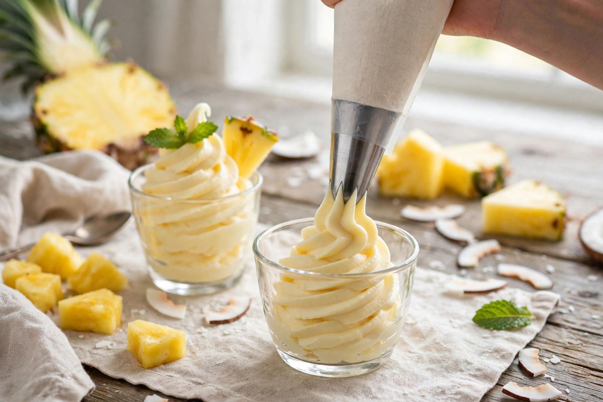Piping pineapple whip sorbet into cups with a large star tip for a soft-serve swirl