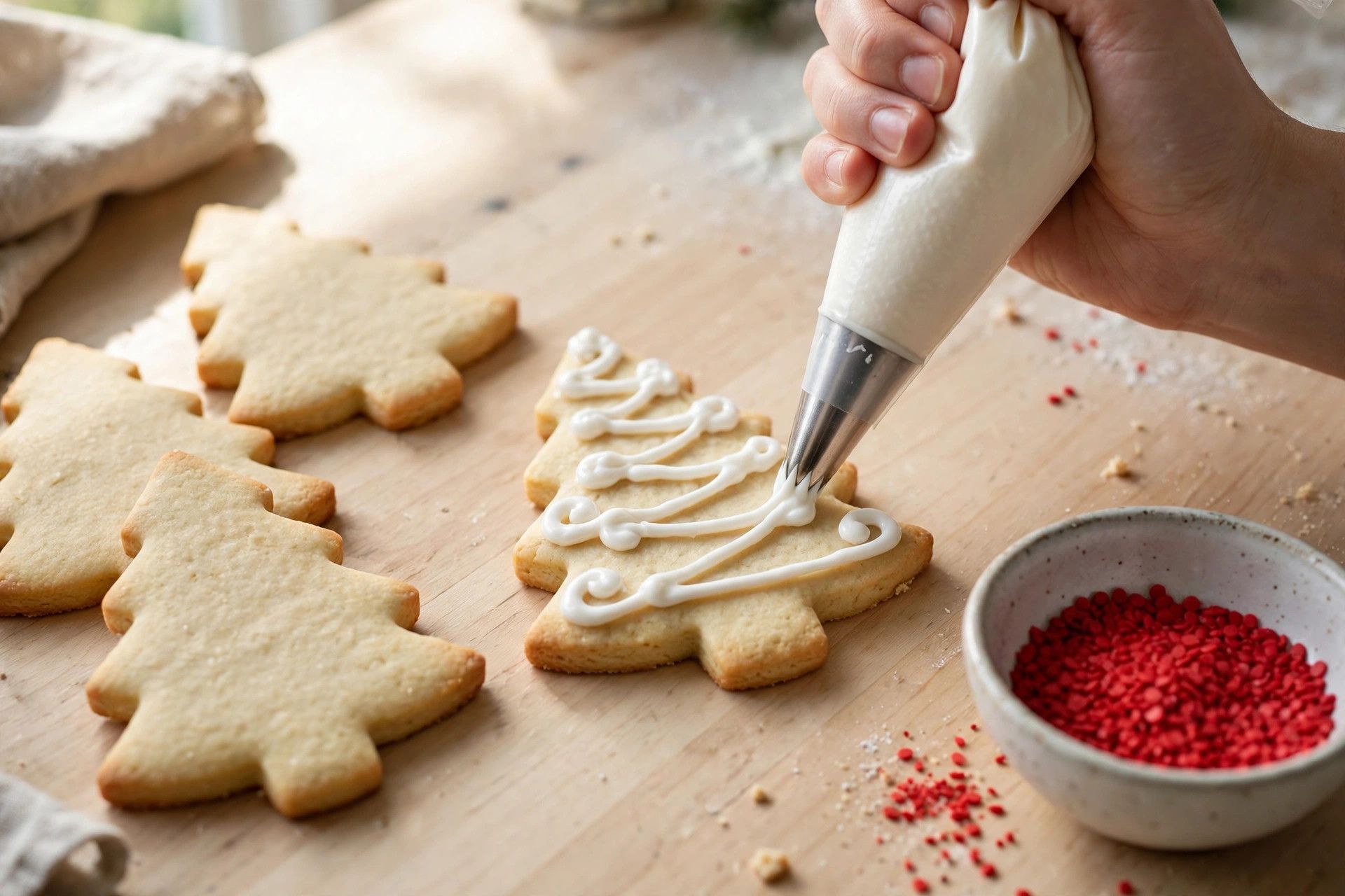 Piping white and red royal icing onto baked xmas cookies with holiday sprinkles nearby