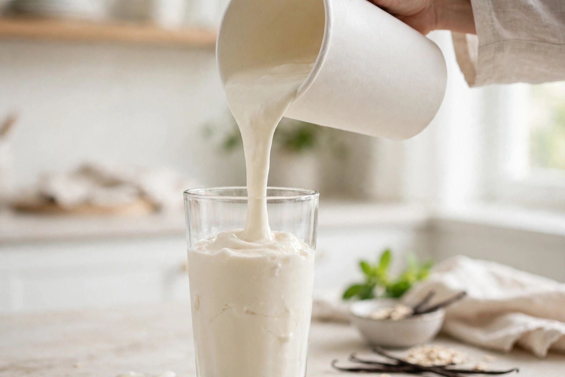 Pouring a thick protein milkshake from the pint into tall glasses, ready to drink