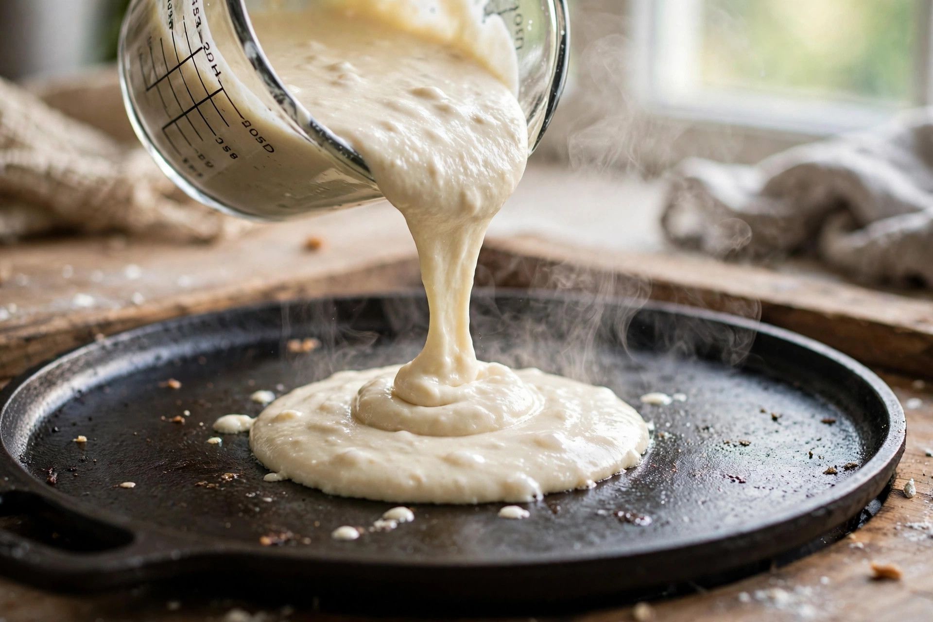 Pouring thick cottage cheese pancake batter in 1/4 cup scoops onto a hot greased griddle