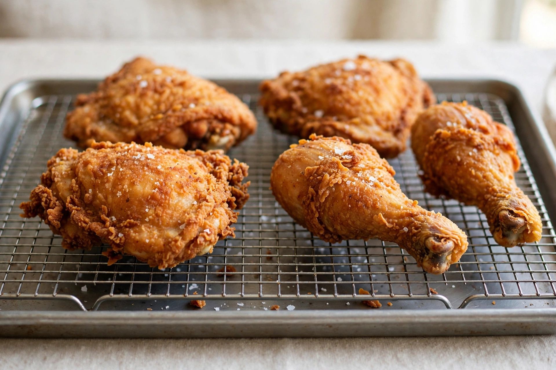 Crispy golden fried chicken resting on a wire rack over a baking sheet, finished with flaky salt