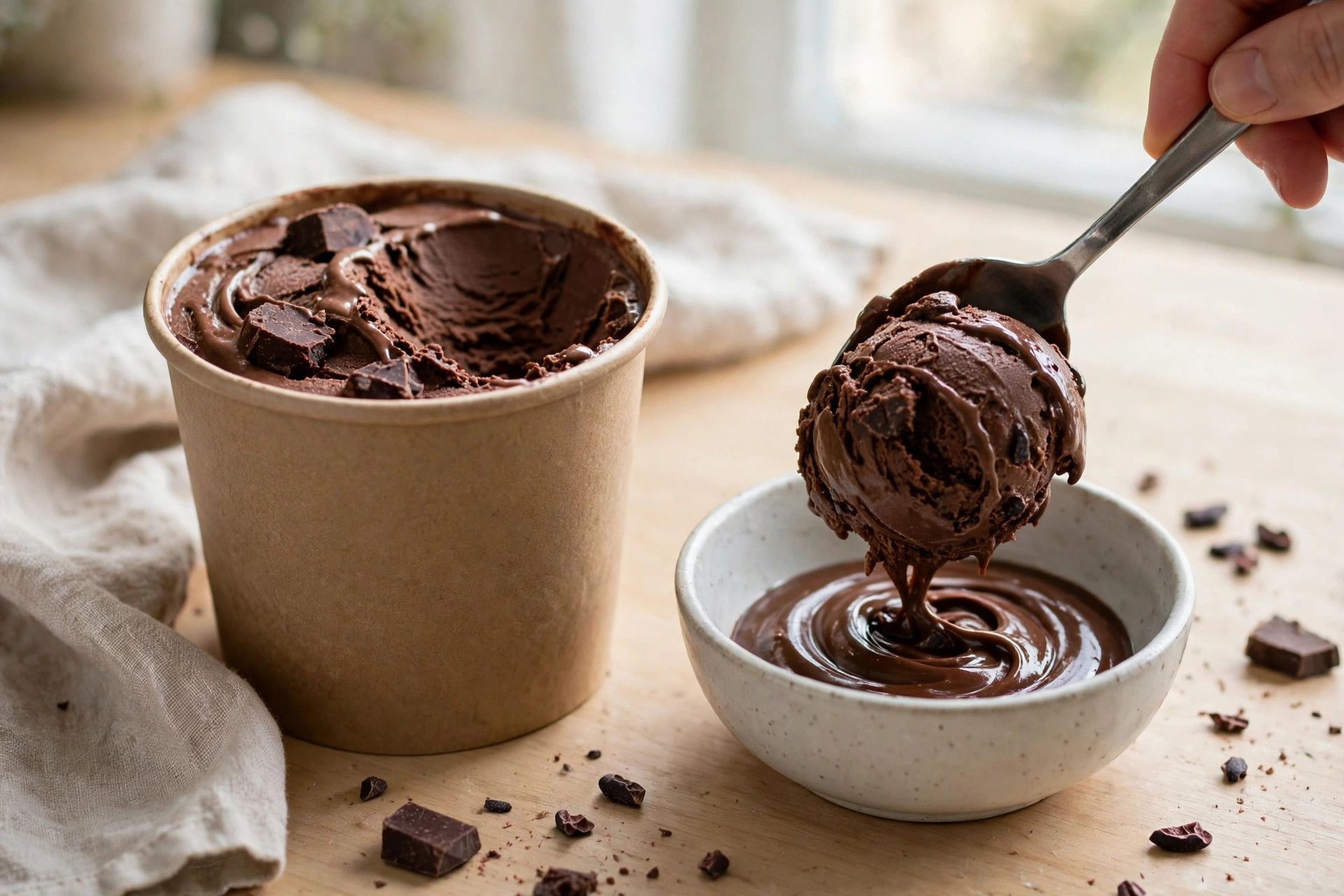Scooping thick dark chocolate fudge ice cream from the pint into a small bowl with a chocolate sauce ripple