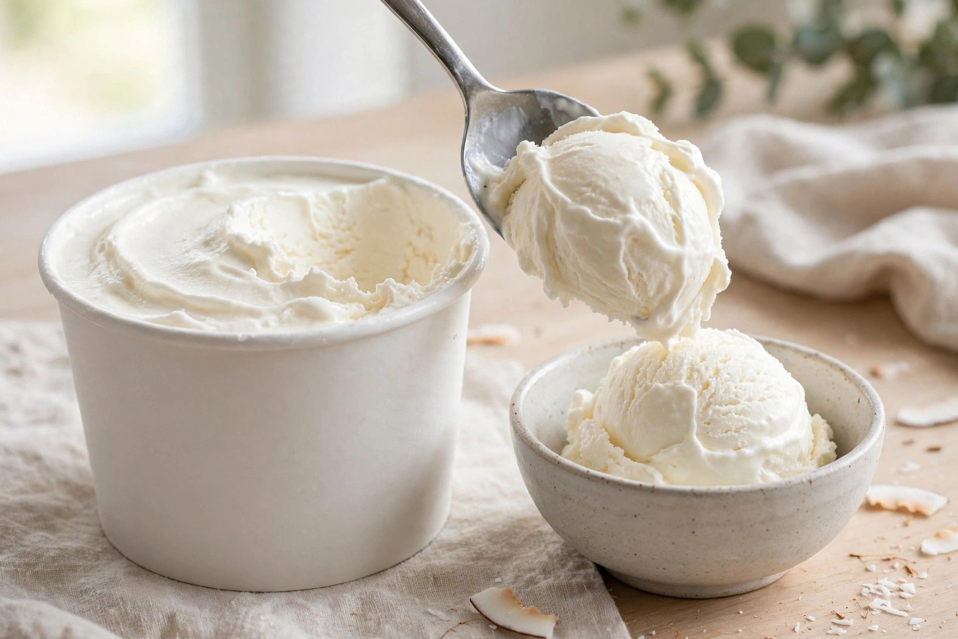Scooping thick creamy dairy free vanilla ice cream from the pint into a small bowl