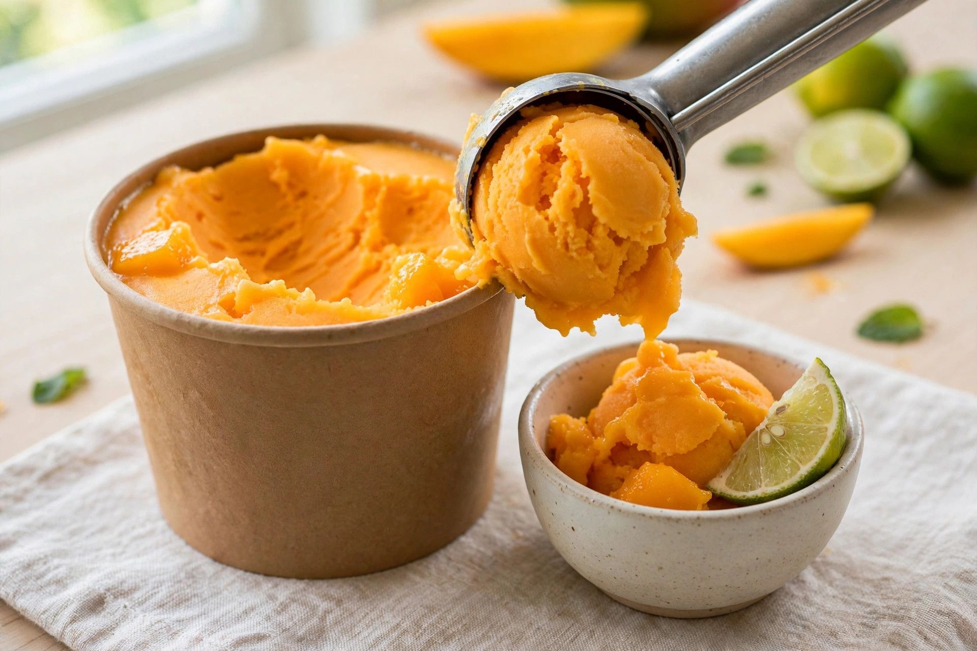 Scooping bright orange mango tango sorbet from the pint into a small bowl with a lime wedge