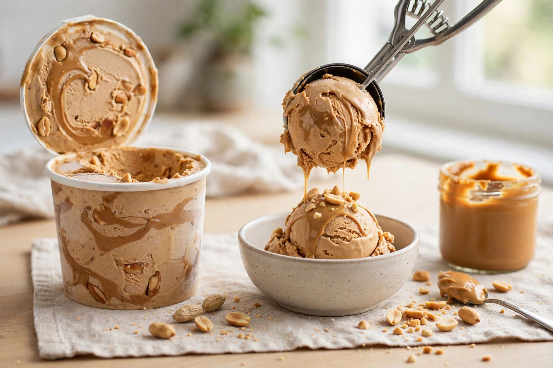 Scooping thick peanut butter ice cream from the pint into a small bowl with a peanut butter drizzle and chopped peanuts