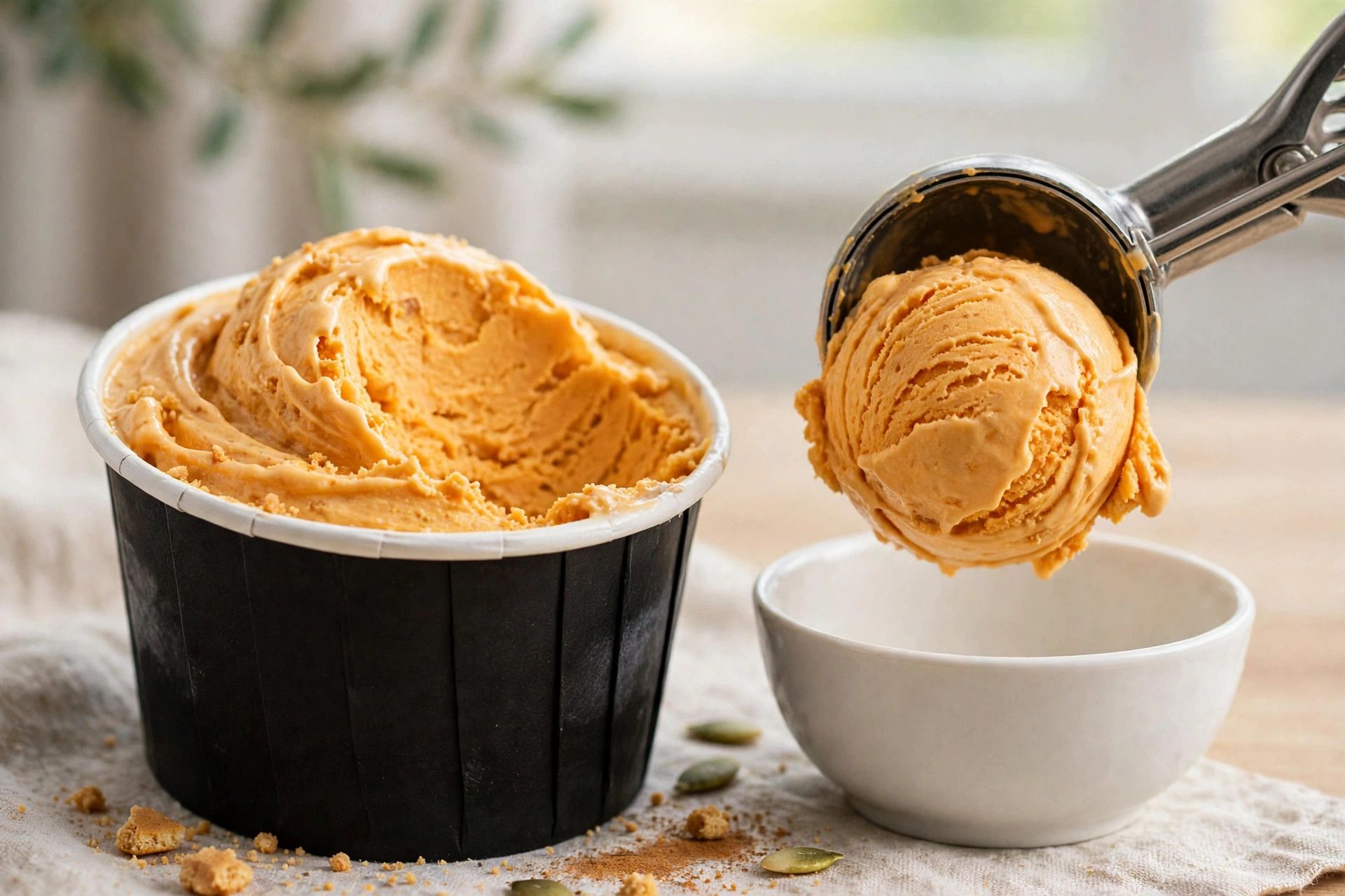 Scooping thick pumpkin cheesecake ice cream from the pint into a small bowl, showing the creamy orange texture