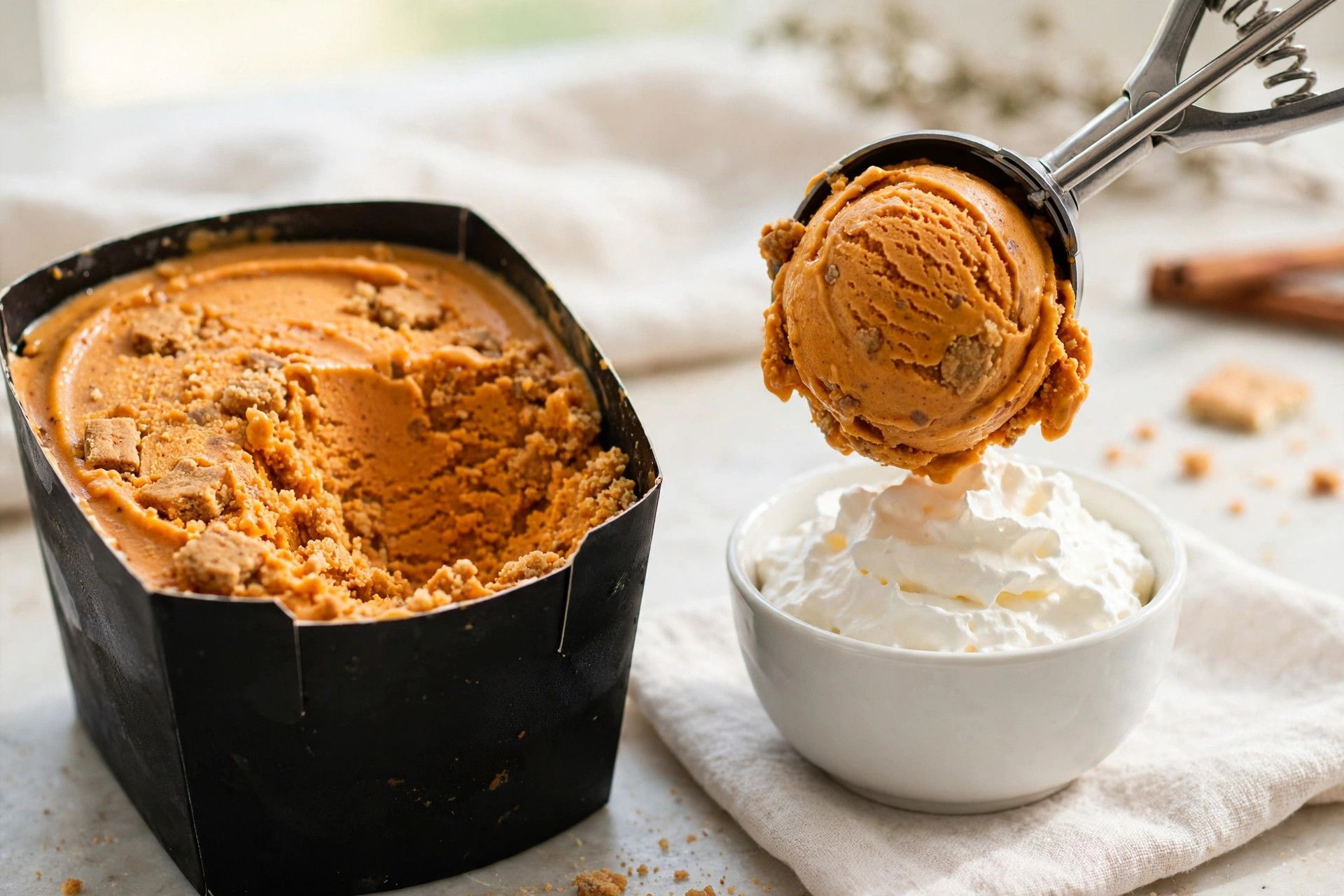 Scooping thick pumpkin pie ice cream from the pint into a small bowl, topped with whipped cream