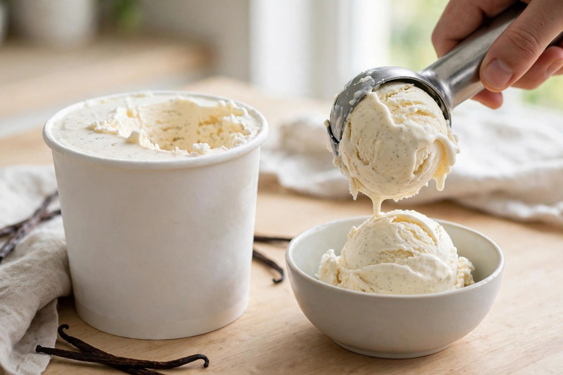 Scooping thick vanilla bean protein ice cream from the pint into a small bowl, showing the vanilla specks