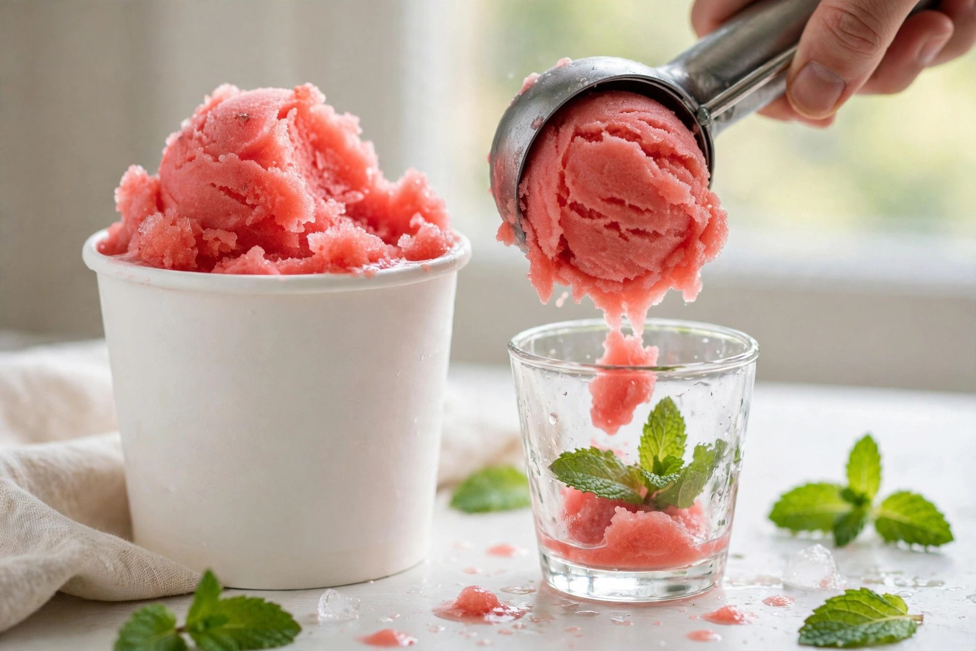 Scooping slushy pink watermelon cooler sorbet from the pint into a small glass with fresh mint on top