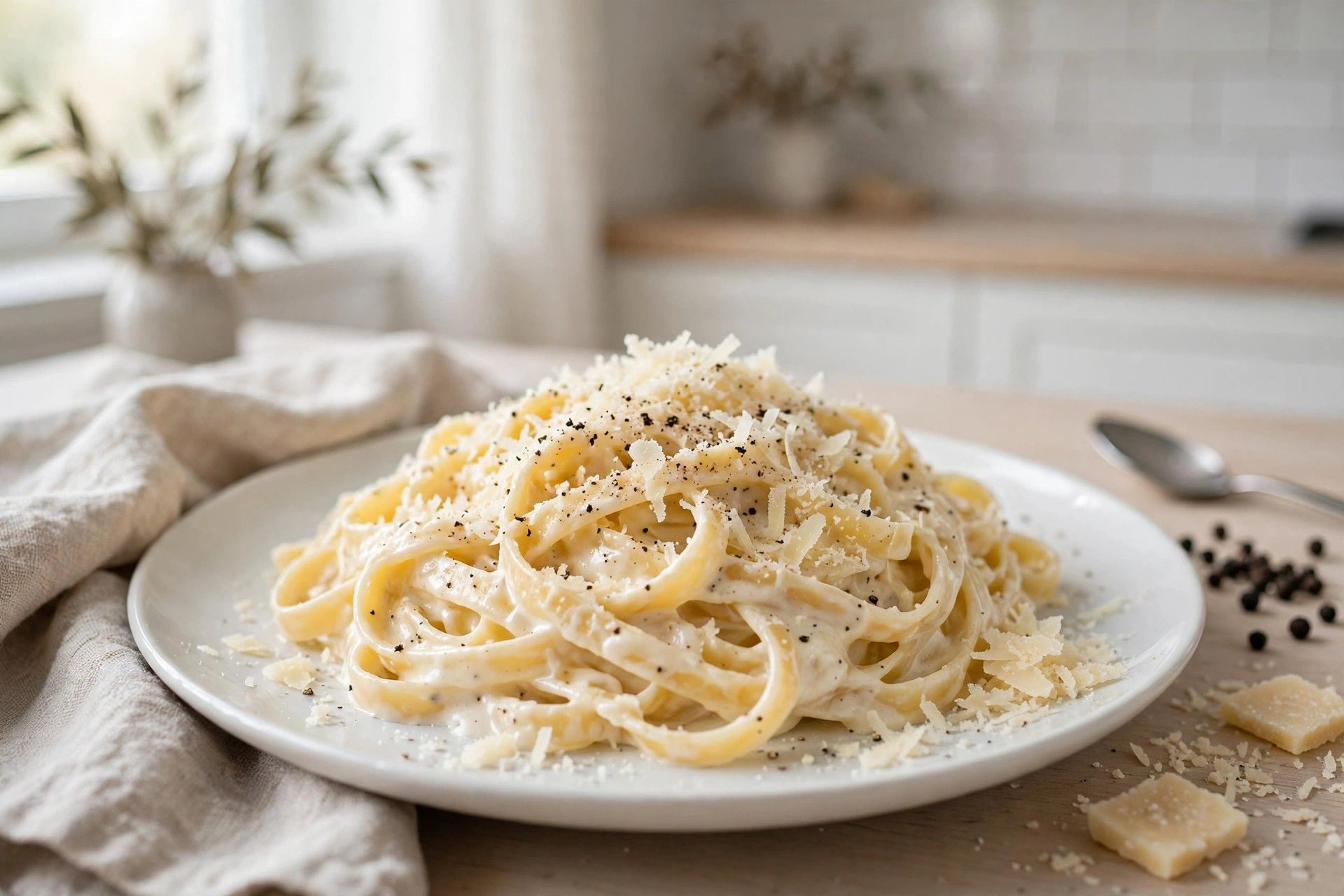 Tossing fettuccine with creamy white cottage cheese alfredo sauce in a pan, ready to serve