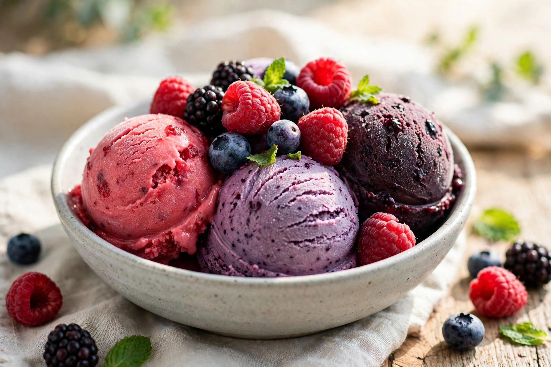 Serving mixed berry sorbet scoops topped with a few fresh berries