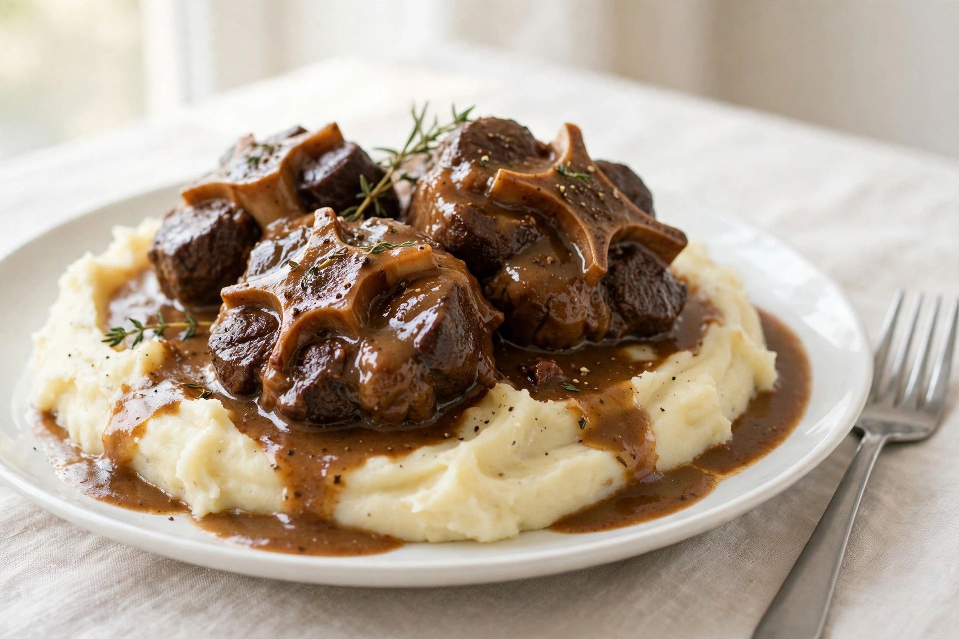Tender braised oxtail served over mashed potatoes with glossy brown gravy spooned over