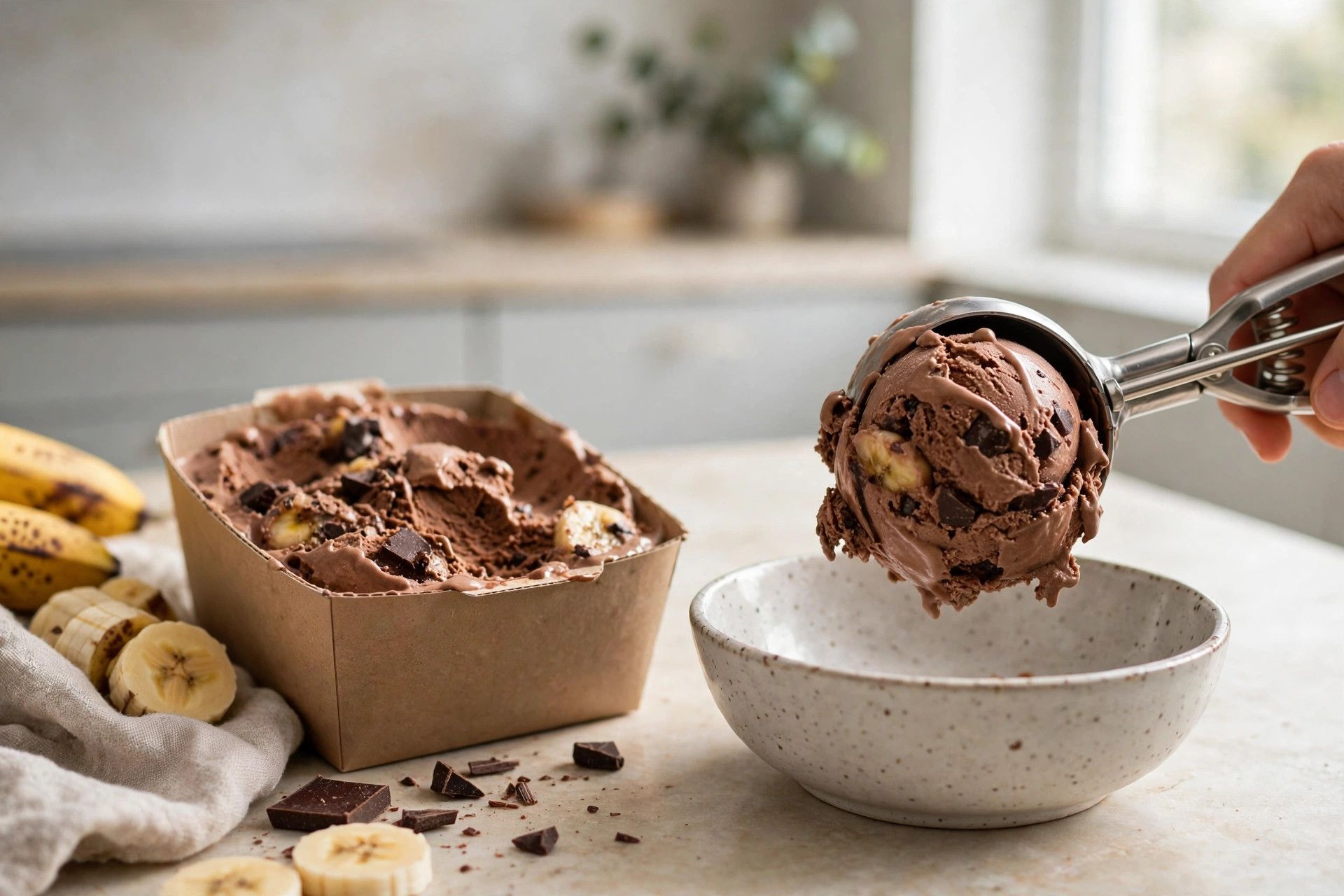 Scooping thick chocolate banana ice cream from the pint into a small bowl, showing the creamy texture