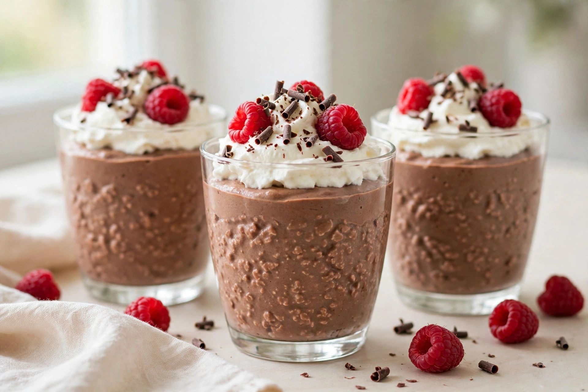 Serving chilled cottage cheese chocolate mousse in glasses topped with whipped cream, raspberries and chocolate shavings