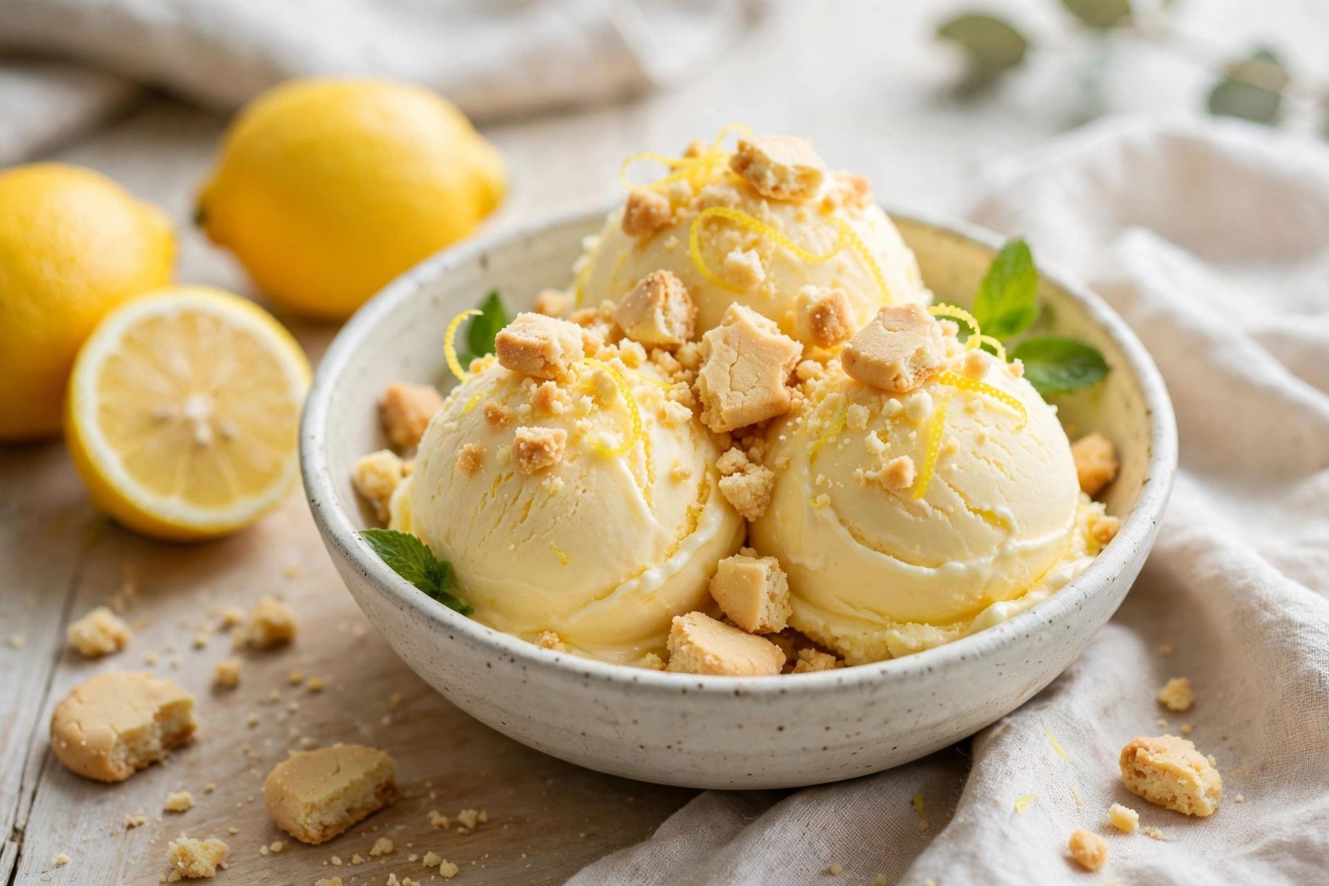 Serving lemon ice cream scoops with crumbled shortbread over the top